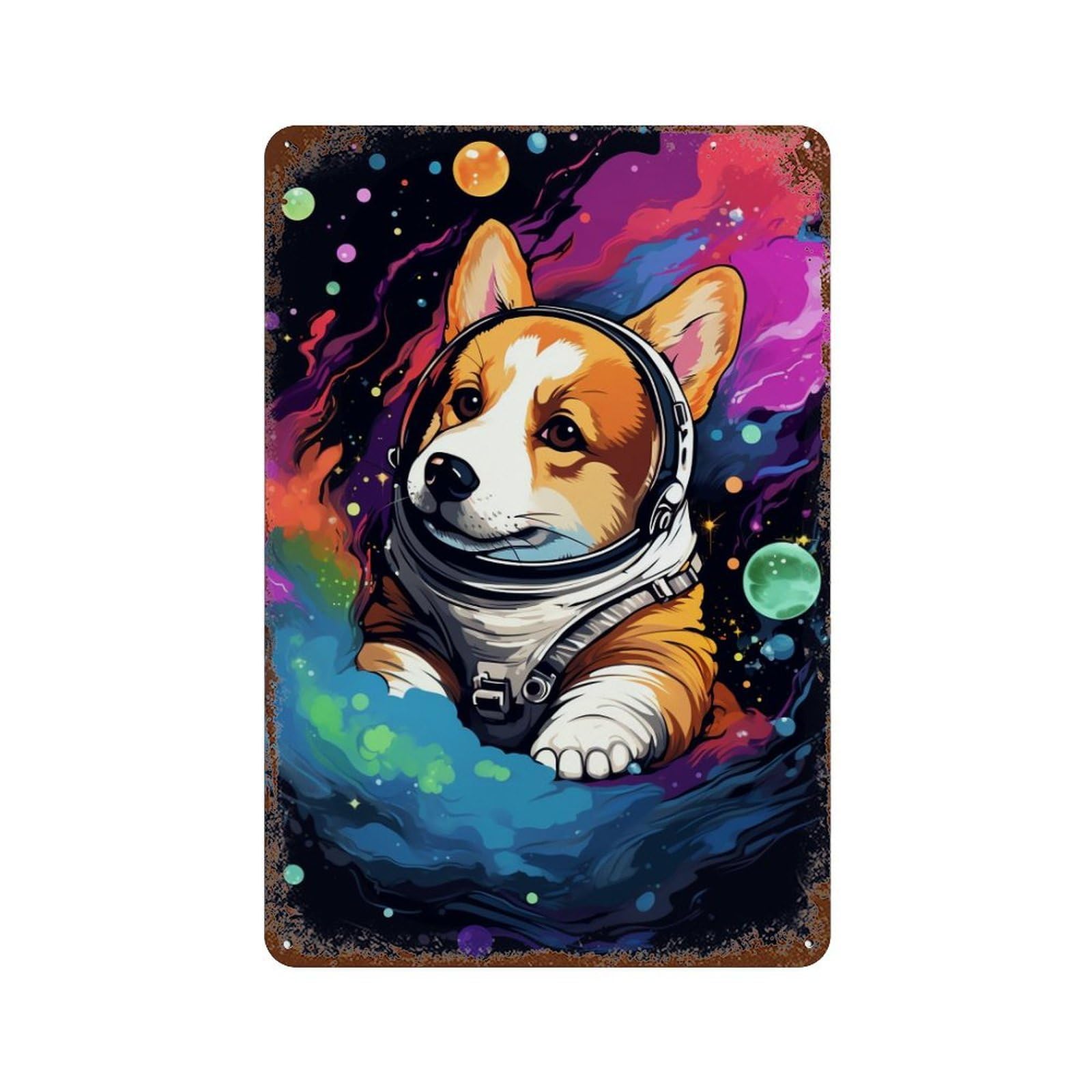 Corgi Astronaut in Space -9 Aged Metal Wall Plaque 11.8"x7.9", Ideal for Garage, Bar And Workshop Decor