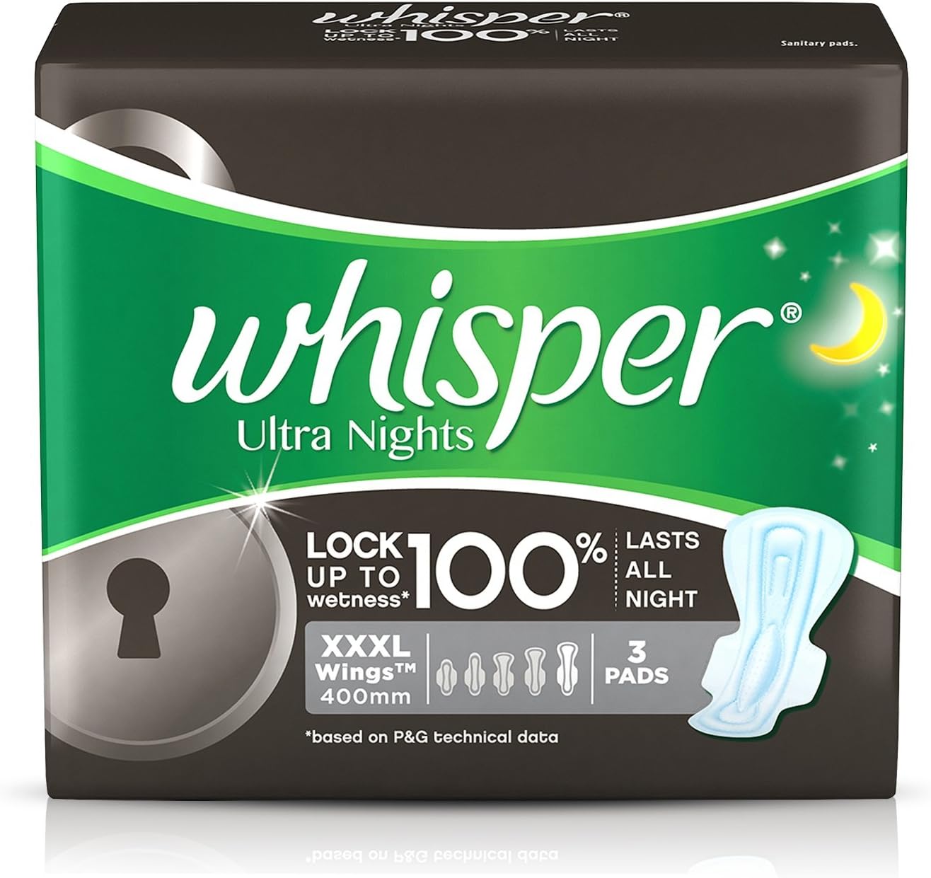 Whisper Ultra Nights Sanitary Pads for women - XXXL Wings (3 Pads)