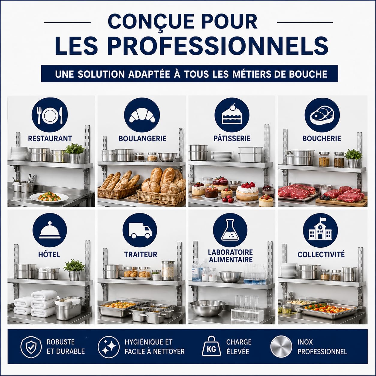 Étagère Murale Inox Professionnelle avec Dosseret 60 x 30 x h35 cm – Rangement Mural Cuisine Professionnelle CHR – Inox Brossé – Restaurant, Boulangerie, Pâtisserie, Laboratoire – 1 Niveau