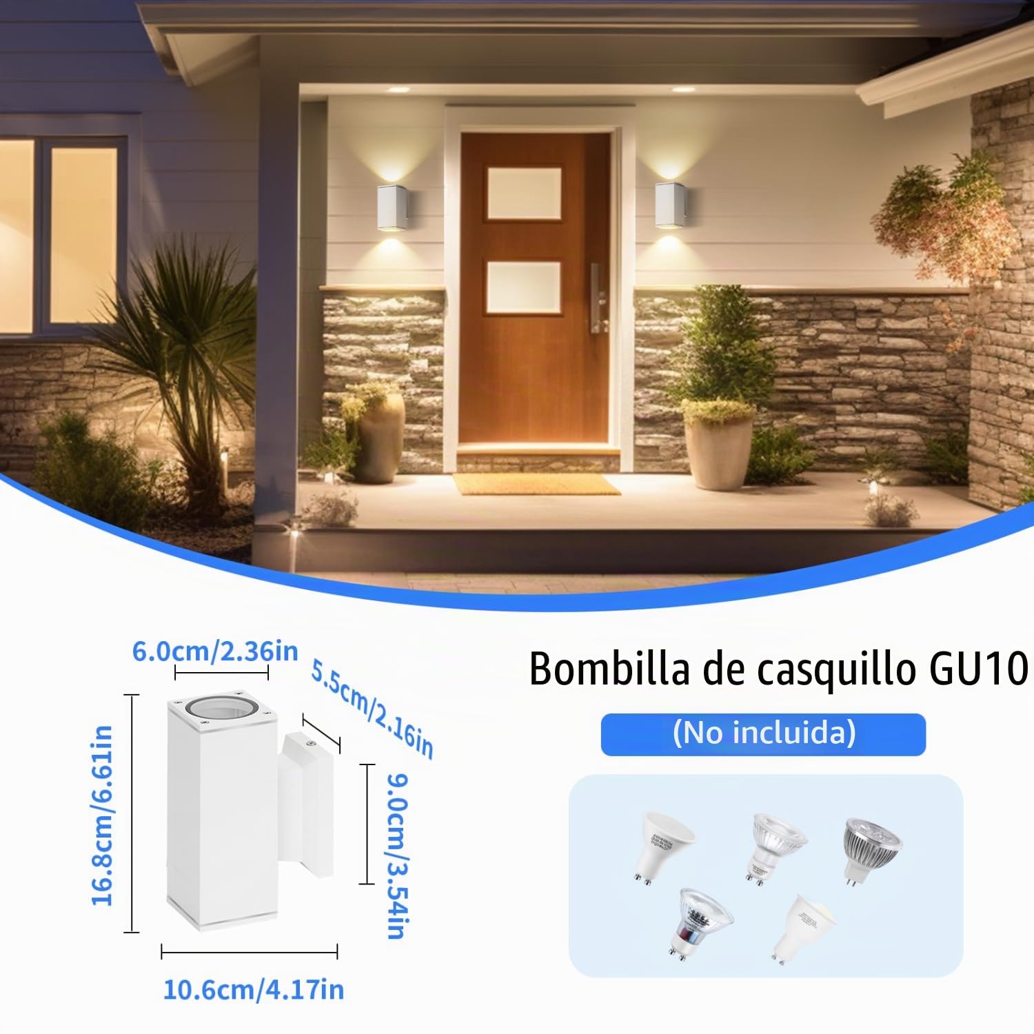 Aigostar 10x Aplique de Pared Exterior/Interior IP65 – Pack 10 Unidades para Terraza, Jardín, Entrada, Pasillo, Balcón. Luz Arriba/Abajo, Aluminio, Cristal Templado, GU10 (No Incluye Bombilla), Blanco