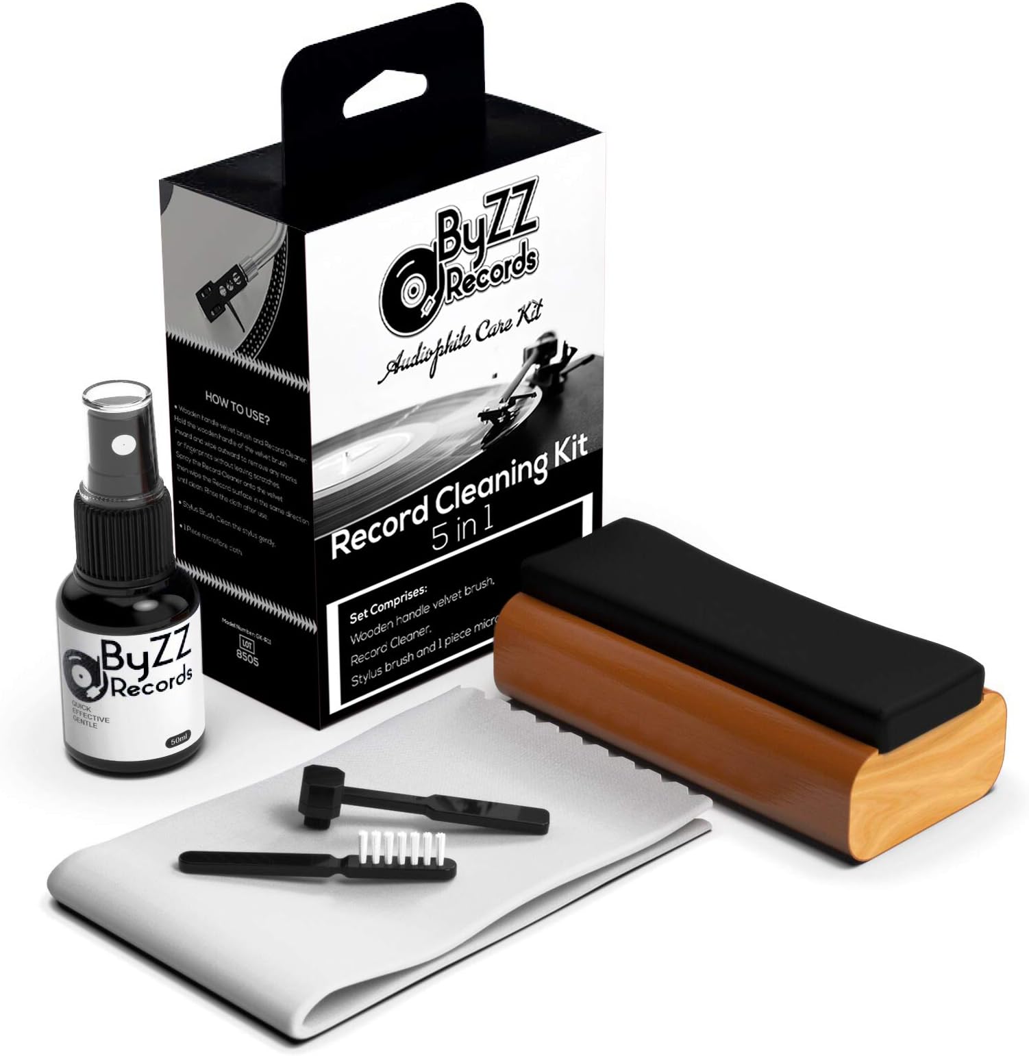 Audiophile Record Cleaning Kit 5 in - 1| A Must-Have Set for Any LP Vinyl Enthusiast - Includes: Disc Cleaner Fluid, Discwasher Velvet Brush, Anti-Static Brush, Stylus Brush (Black)