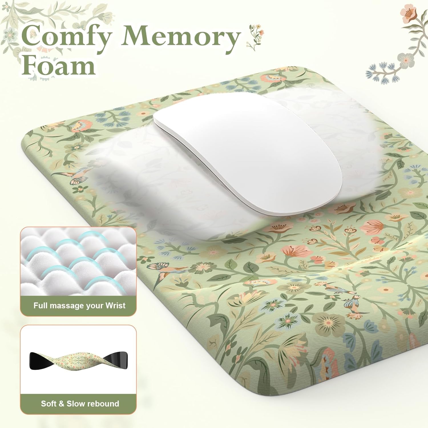 iLeadon Mouse Pad with Wrist Rest, Non-Slip Desk Mat for Keyboard and Mouse, Mouse Pad Sets for Women Desk, Wrist Pads for Keyboard, Floral Mat for Home Office (Light Green)