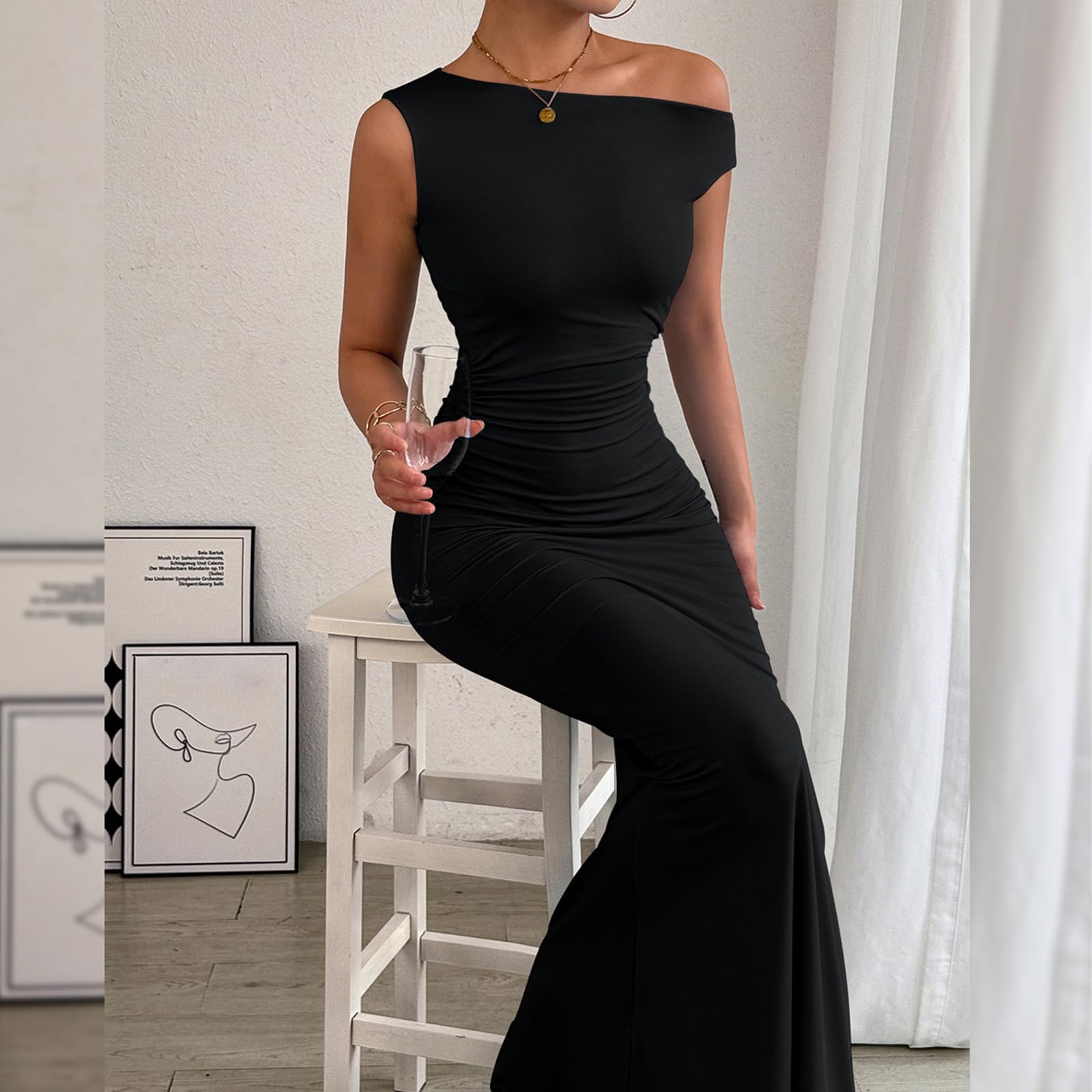 Robe Femme Sexy sans Manches Une Épaule Robes Longue Moulante Elégant Bodycon Maxi Robe de Soirée D'éte Décontracté Plissée Couleur Unie Wrap Robes pour Clubbing Cocktail Prom Fête