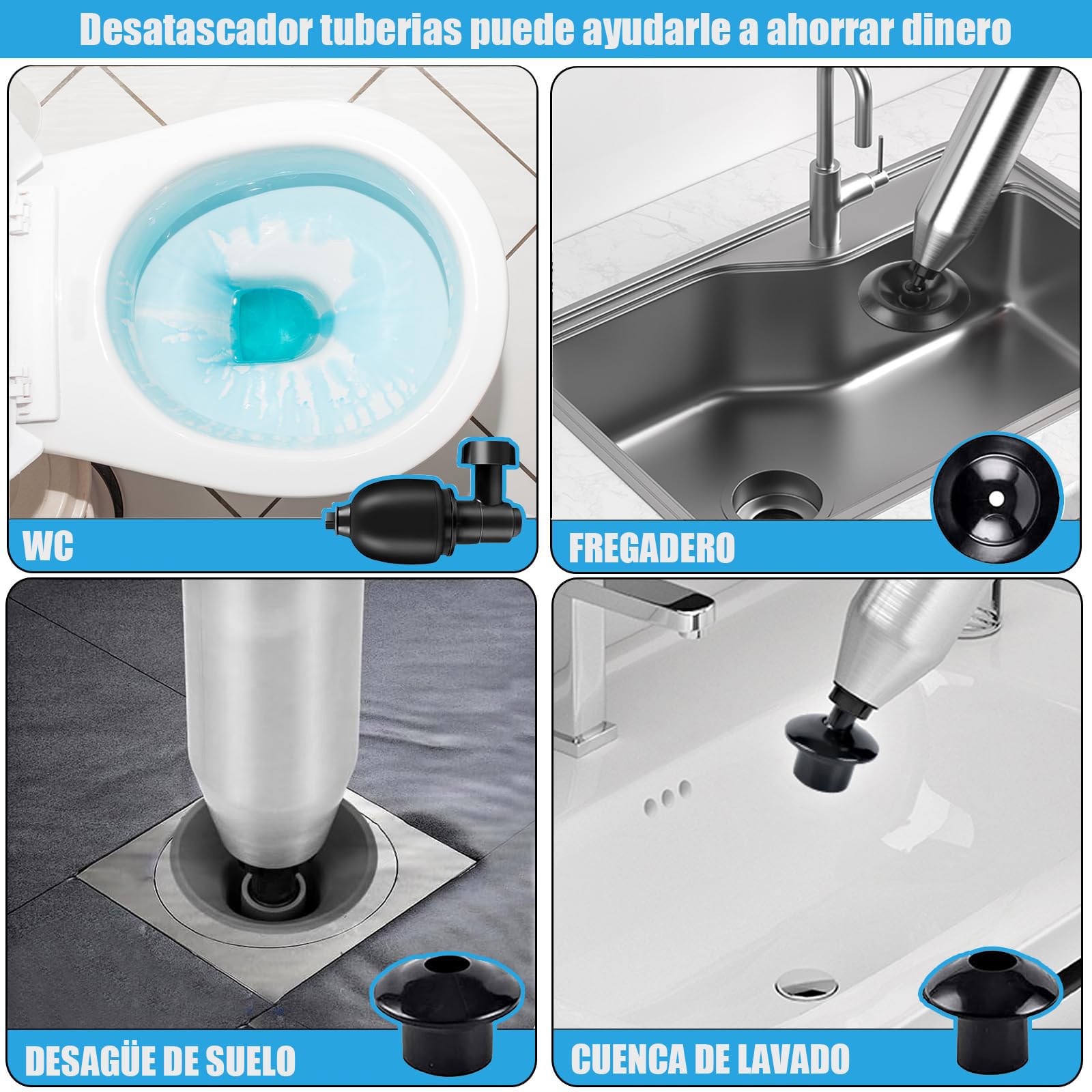 Desatascador inodoro,Desatascador tuberias profesional, desatascador wc, desatascador tuberias a presion, pistola desatascador con 3 ventosas para Cuartos de Baño Inodoros (Azul)