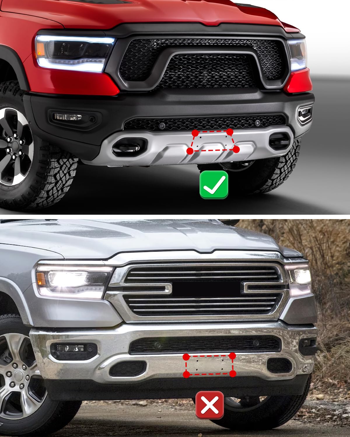 License Plate Bracket For 2019-2024 Ram 1500 DT Rebel TRX - Front Bumper Mount, Replaces CH1068153 - View #3