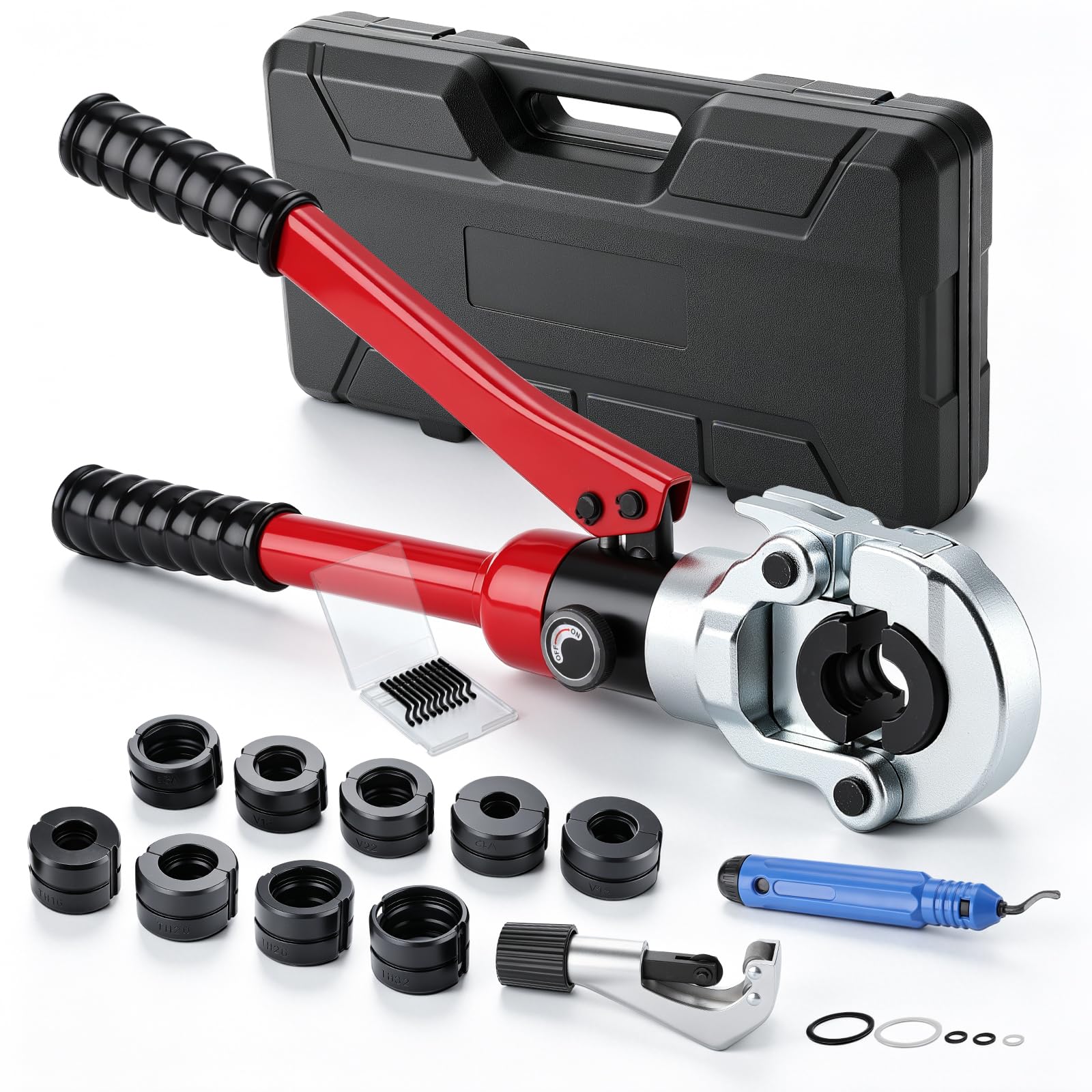 Profi Presszange Set V-Kontur und TH-Kontur für Kupferrohr, Edelstahlrohr und Verbundrohr, Handpresszange mit Rohrabschneider und Entgrater, V12 V15 V18 V22 V28, TH16 TH20 TH26 TH32