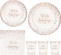 Crisky Rose Gold Foil 90 Fabulous Napkins Plates Cups Set for Women 90th Birthday Party Decorations Supplies, Disposable Tableware Set of 24 (9" Plates, 7" Plates, Luncheon Napkins, 9oz Cups)