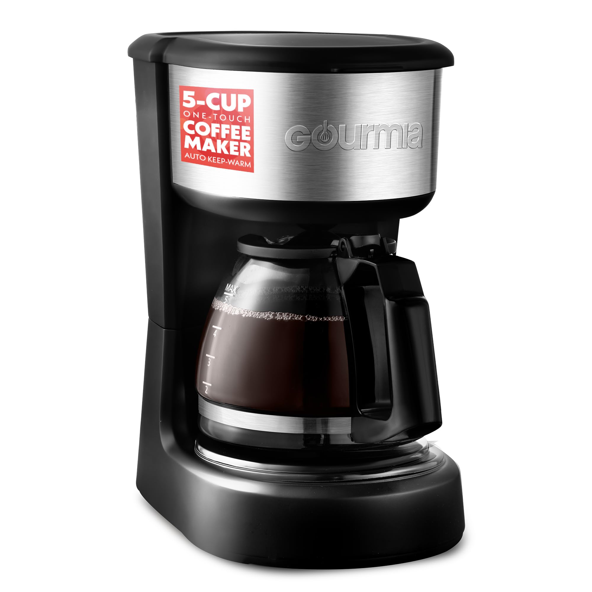 Gourmia Coffee Maker – 5 Cup, One-Touch Brew, Pause & Serve, Automatic Keep Warm, Stainless Steel Accents, Black