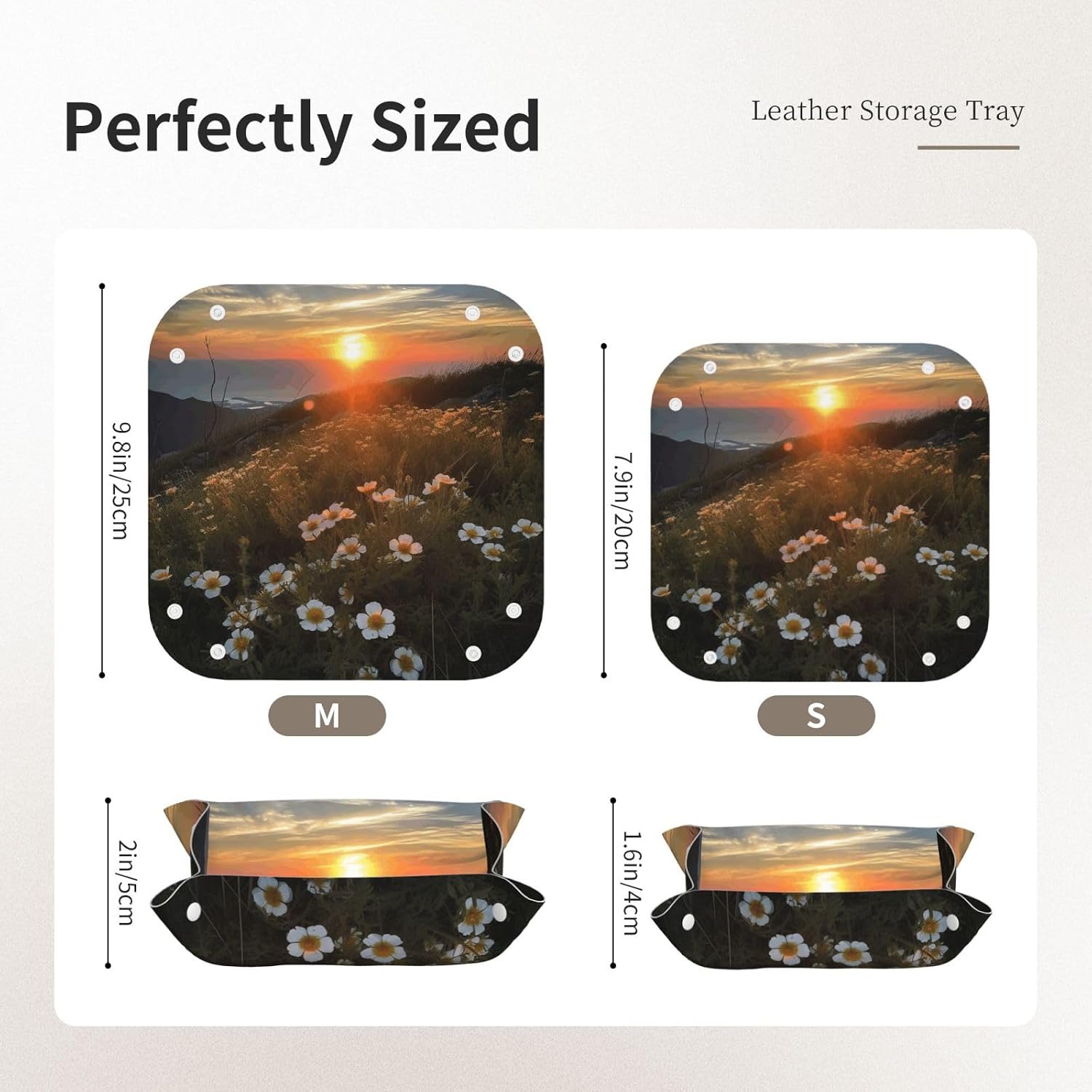 PU Leather Jewelry Valet Tray for Men Women, Elegant Desktop Storage Organizer, Portable Travel Storage Dish Plate Sunset and flowers Nightstand Storage Box for Key Phone Wallet Medium image 5