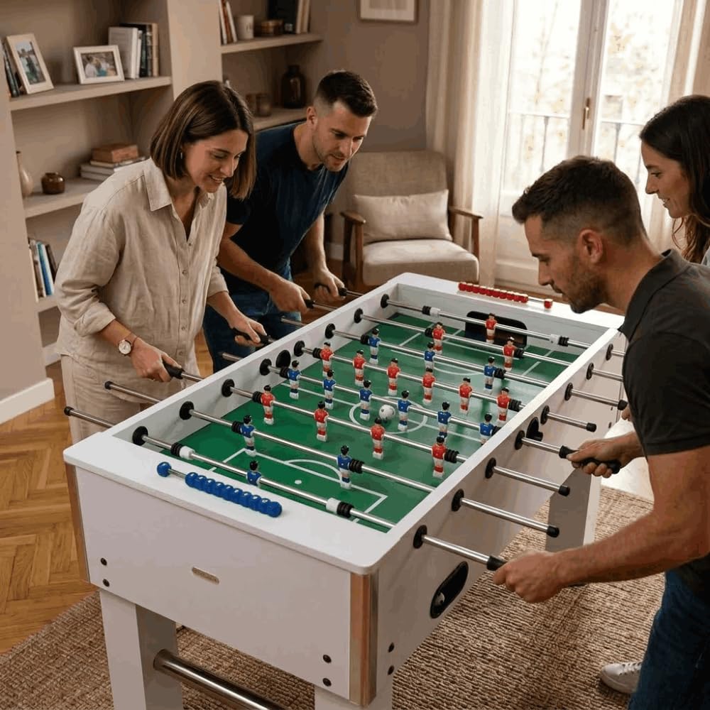 DEVESSPORT Futbolín Semi Profesional Salón Blanco con Retorno de Bolas| Jugadores de Piernas Separadas + Retorno de Bolas + 2 Pelotas Incluidas | Pack Futbolín Semi Profesional con Niveladores