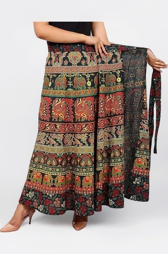 Womens Jaipuri Wrap Around Cotton Printed Maxi Skirt (L, Multicolor)