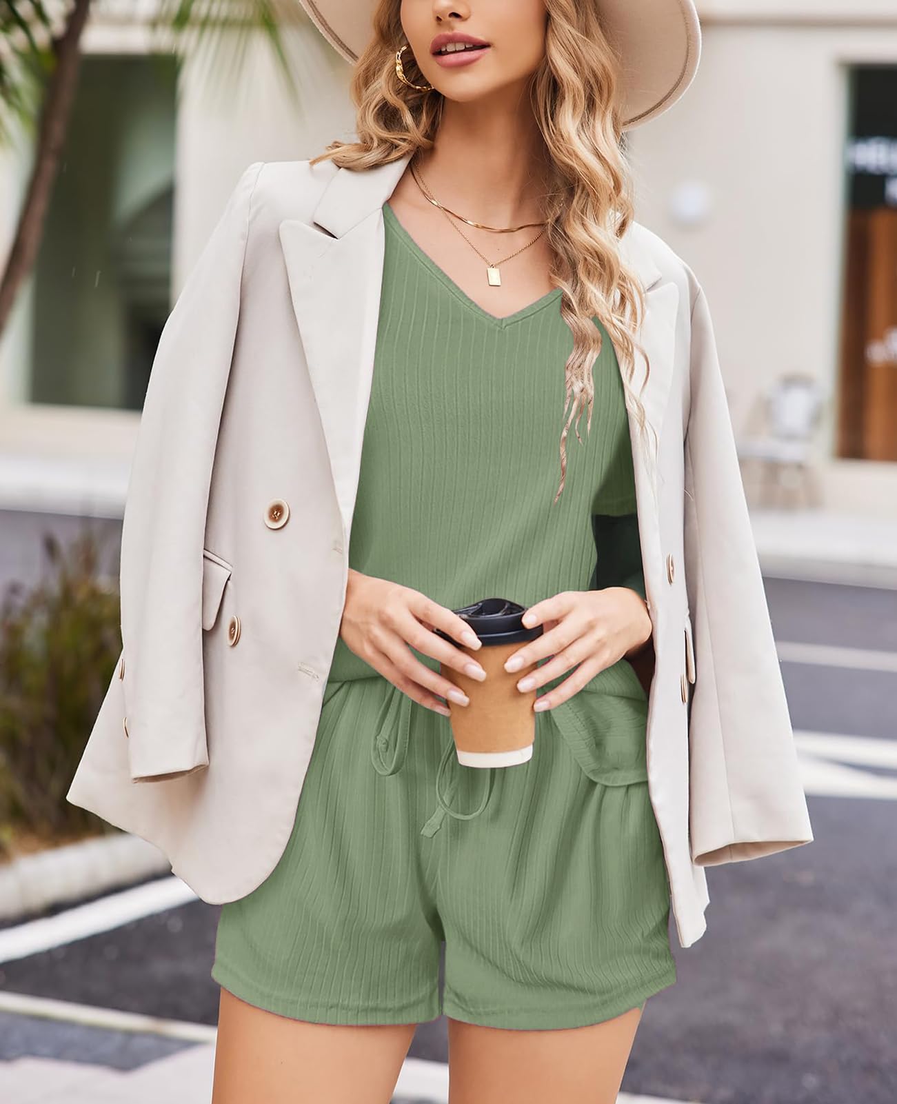 Conjunto Chandal Mujer Chándal Mujer Completo Verano Corto Cortos y Cuello en V Top Traje de 2 Piezas para Casual Running Conjuntos