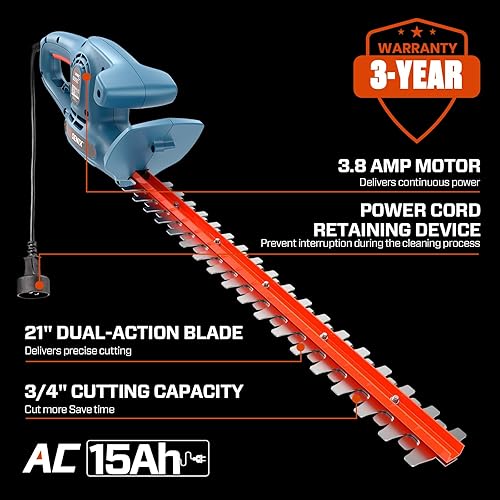 Miniatura 6 de SENIX HTE3.8-L 120V 3.8 Amp 21 pulgadas - Cortasetos eléctrico con cable, herramienta de jardín para recortar arbustos, arbustos y más, cuchillas de