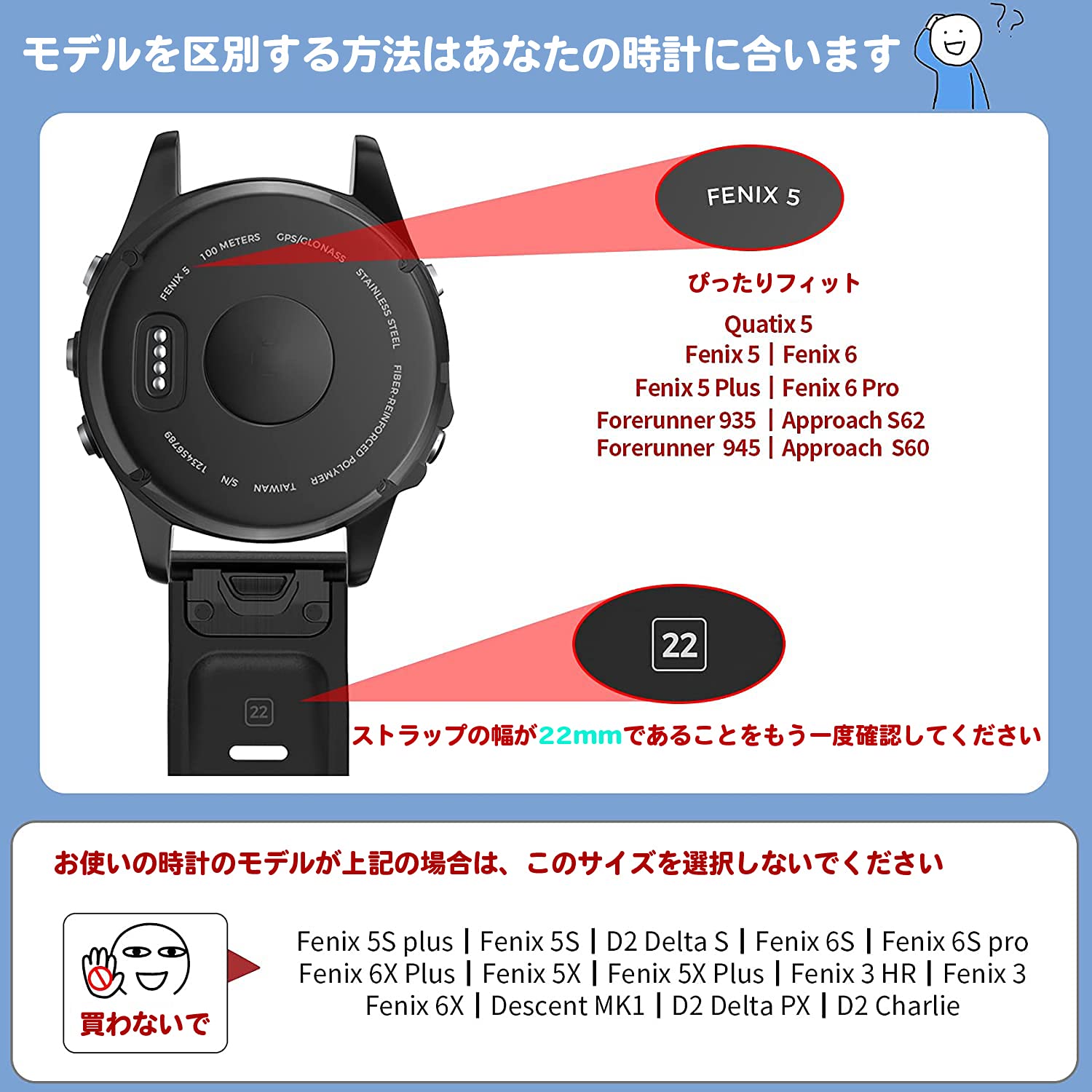 Amazon | Garmin Fenix 5バンド、22mm幅のソフトシリコンウォッチ 