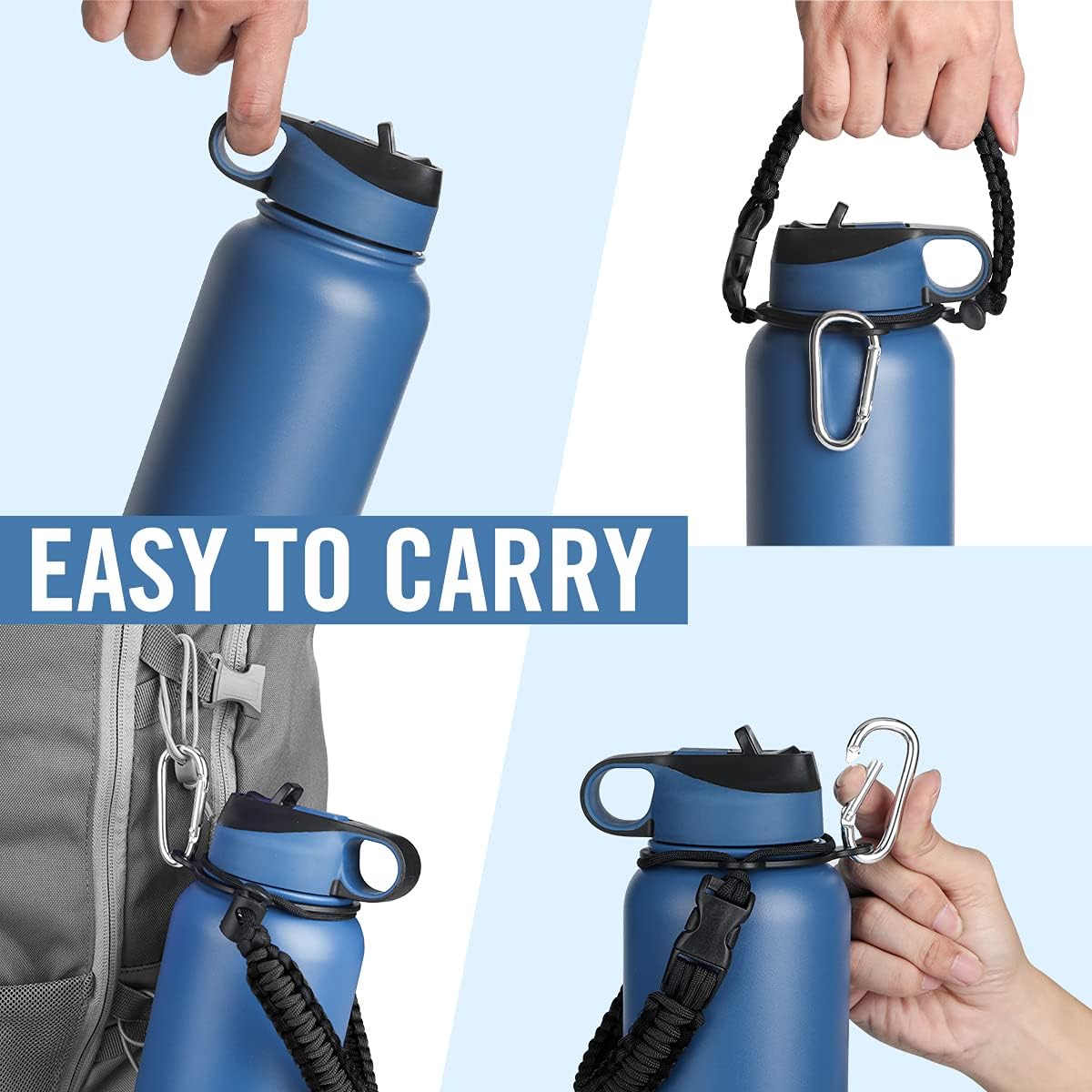 Life's Easy Stainless Steel Insulated Water Bottle - Sports Water Bottle w/Straw Lid and Paracord Carabiner Handle Carrier- Vacuum Flask for Hot & Cold Drinks - Great for Travel & More (Blue, 40 oz)