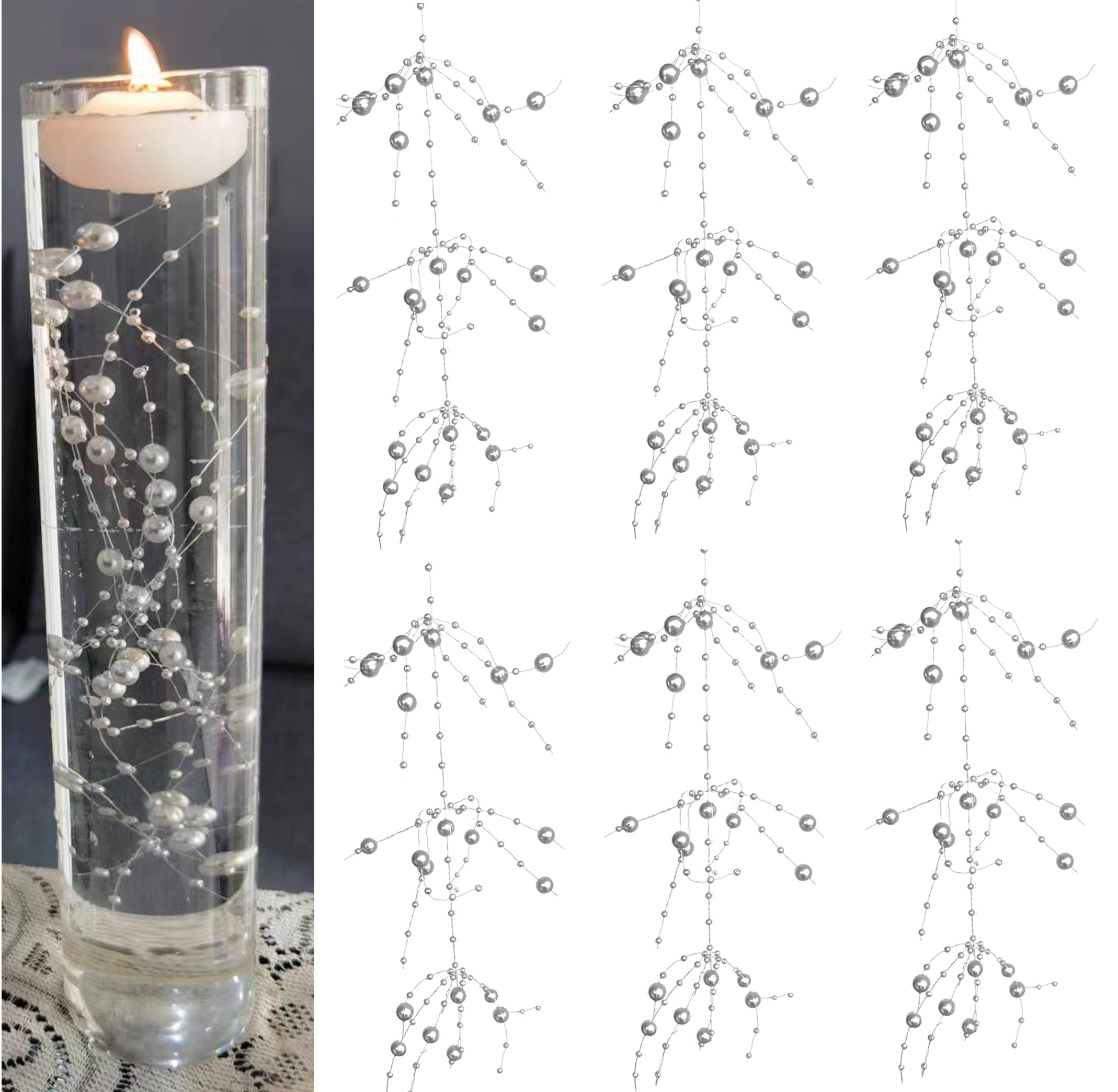 12 Pcs Pearl String Set for Floating Candles Centerpiece, Gold Faux Pearl Beads Vase Filler for Wedding Table Christmas Tree Decor Centerpiece. (Silver)