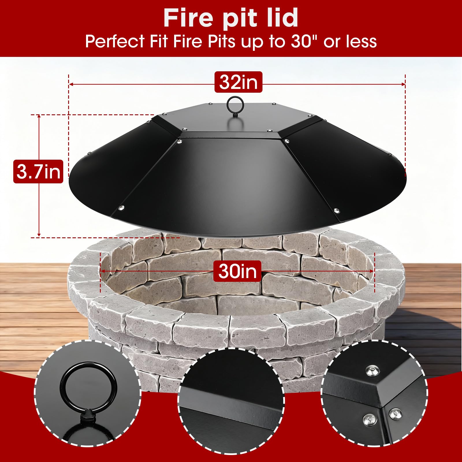 Coperchio rotondo per braciere da 81,3 cm, adatto per falò fino a 76,2 cm, copertura in metallo con manico, copertura per braciere da esterno, per tavoli da fuoco, kit di ricambio per braciere senza