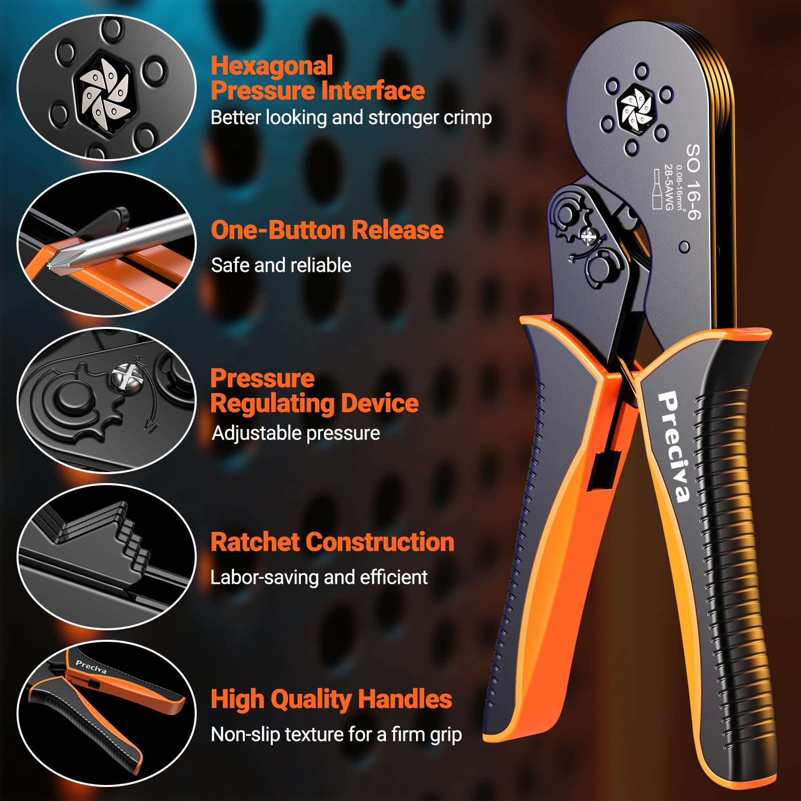 Preciva Kit di crimpatura per puntali, crimpatrice esagonale AWG 28-5 con cricchetto autoregolante, include 1500 puntali, per cablaggio industriale e terminali elettrici