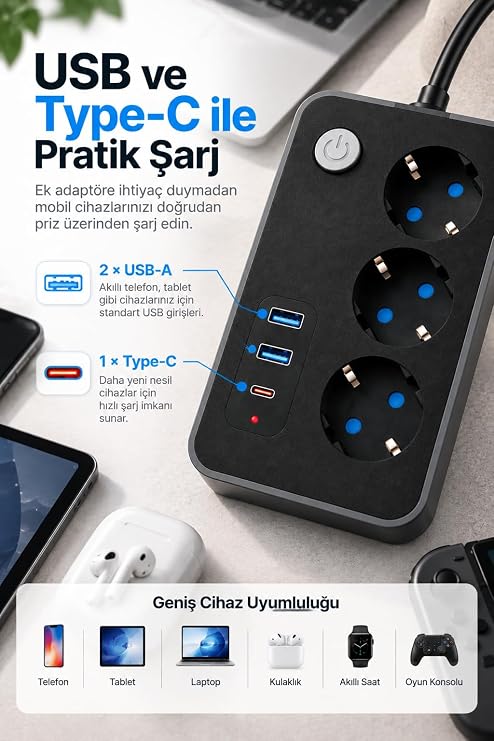 Robeve Blic 3’lü Termal Akım Korumalı Uzatma Prizi – 2 Metre Kablolu, 2 USB + 1 Type-C Hızlı Şarj, Çocuk Korumalı, Aç/Kapa Anahtarlı Çoklu Priz Grup Priz Grup Uzatma Prizi 3'lü Priz