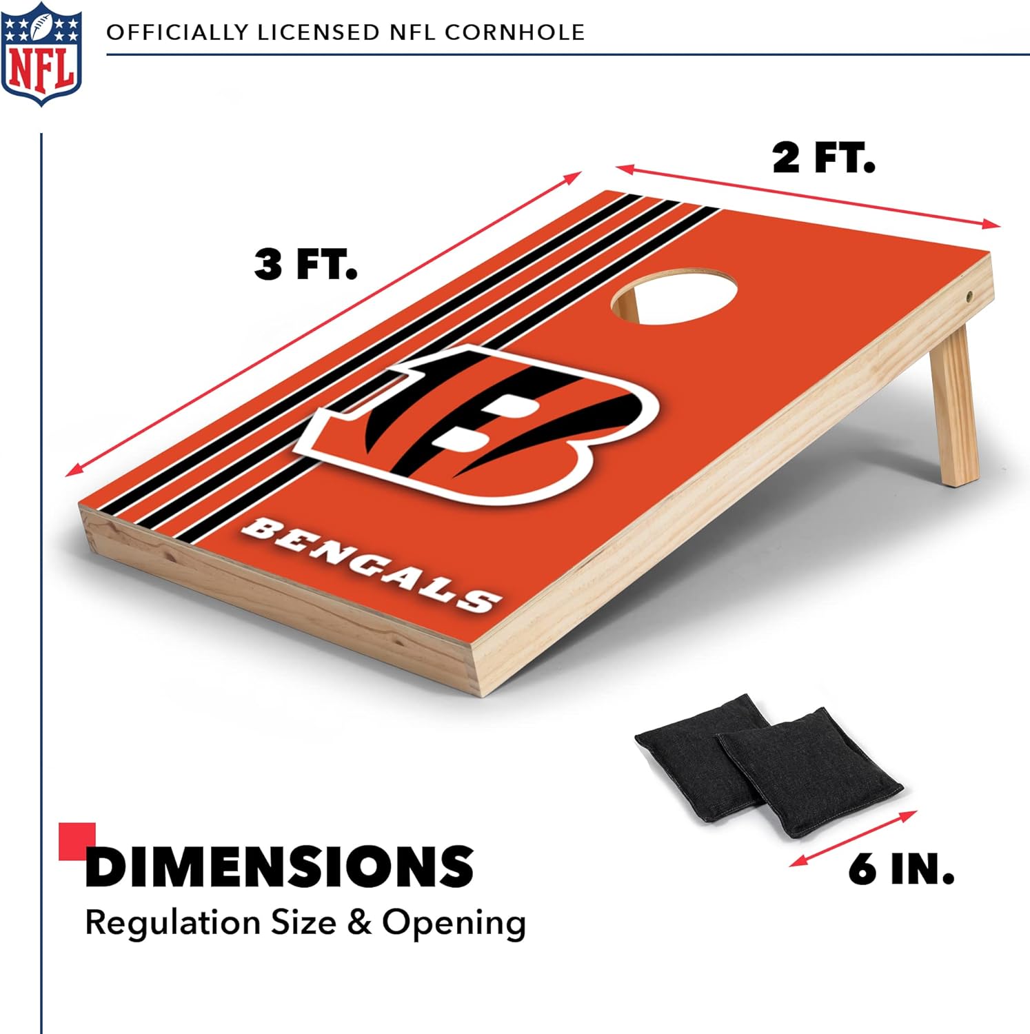 Wild Sports 2' x 3' Solid Wood Cornhole Set with Direct Print HD Team Graphics – Great Gift for Any Football Fan! Bean Bag Toss Family Outdoor Games – NFL Cincinnati Bengals