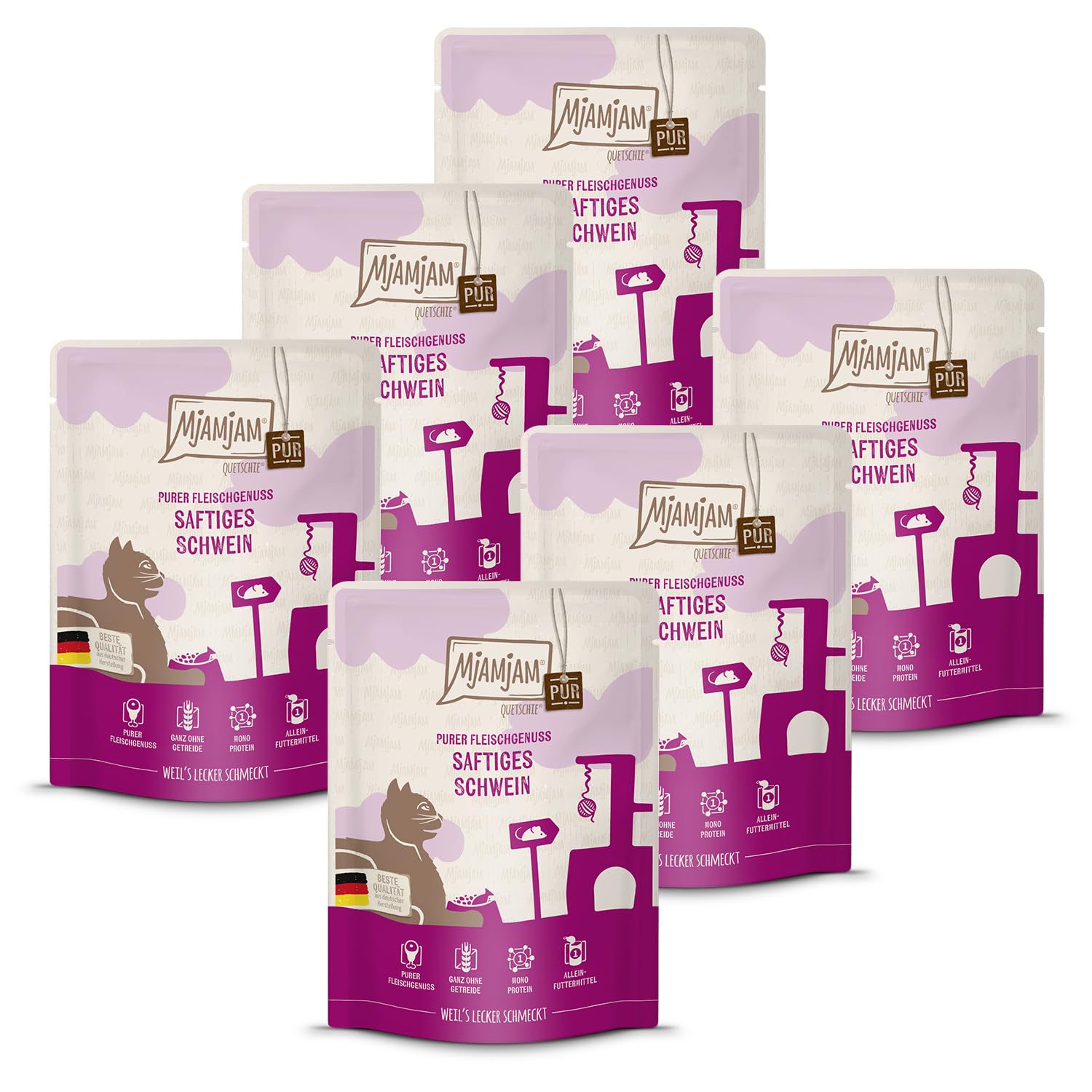 MjAMjAM - Premium wet food for cats - Quetschie - juicy pork PUR, 6 pack (6 x 300g), grain-free with extra meat