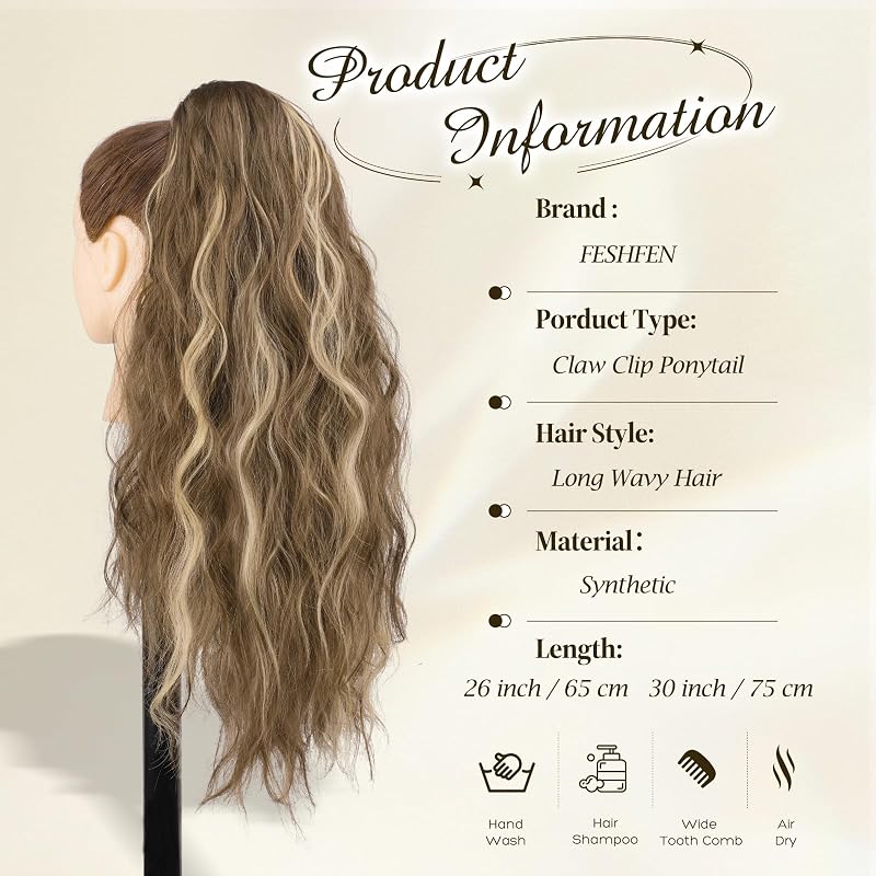 Extensie de păr coadă de cal cu clemă FESHFEN, 30 inch, ondulată, sintetică, șuvițe maro deschis și blond pentru femei