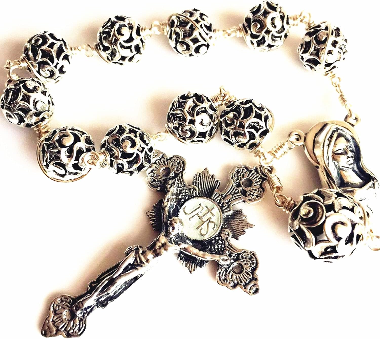 elegantmedical Bali Sterling Silver Beads Cross Handmade Wire Wrap one decade rosary bracelet gift