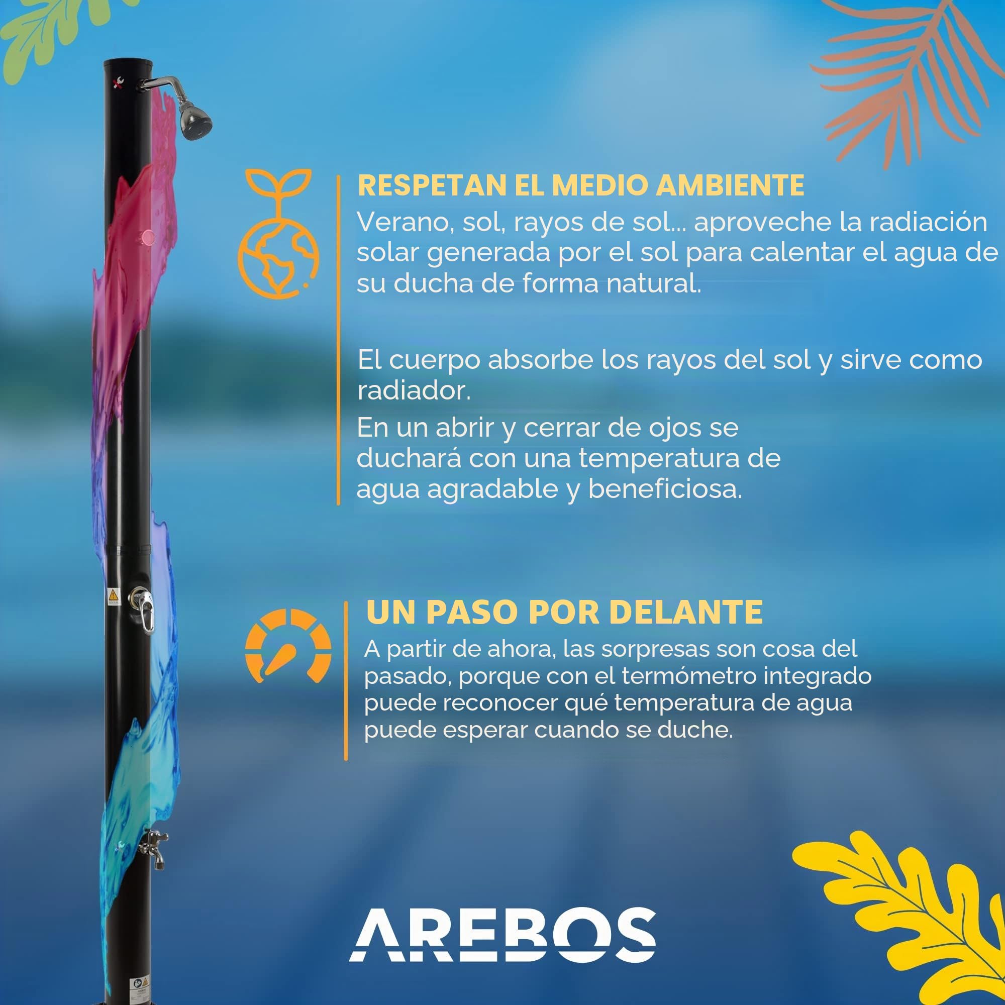 Arebos Ducha Solar | 20 litros | 221cm | con termómetro Integrado | Incl.Portada | Cabezal de Ducha Redondo | con Ducha de pies | Ducha de jardín con conexión para Manguera de jardín | Negro
