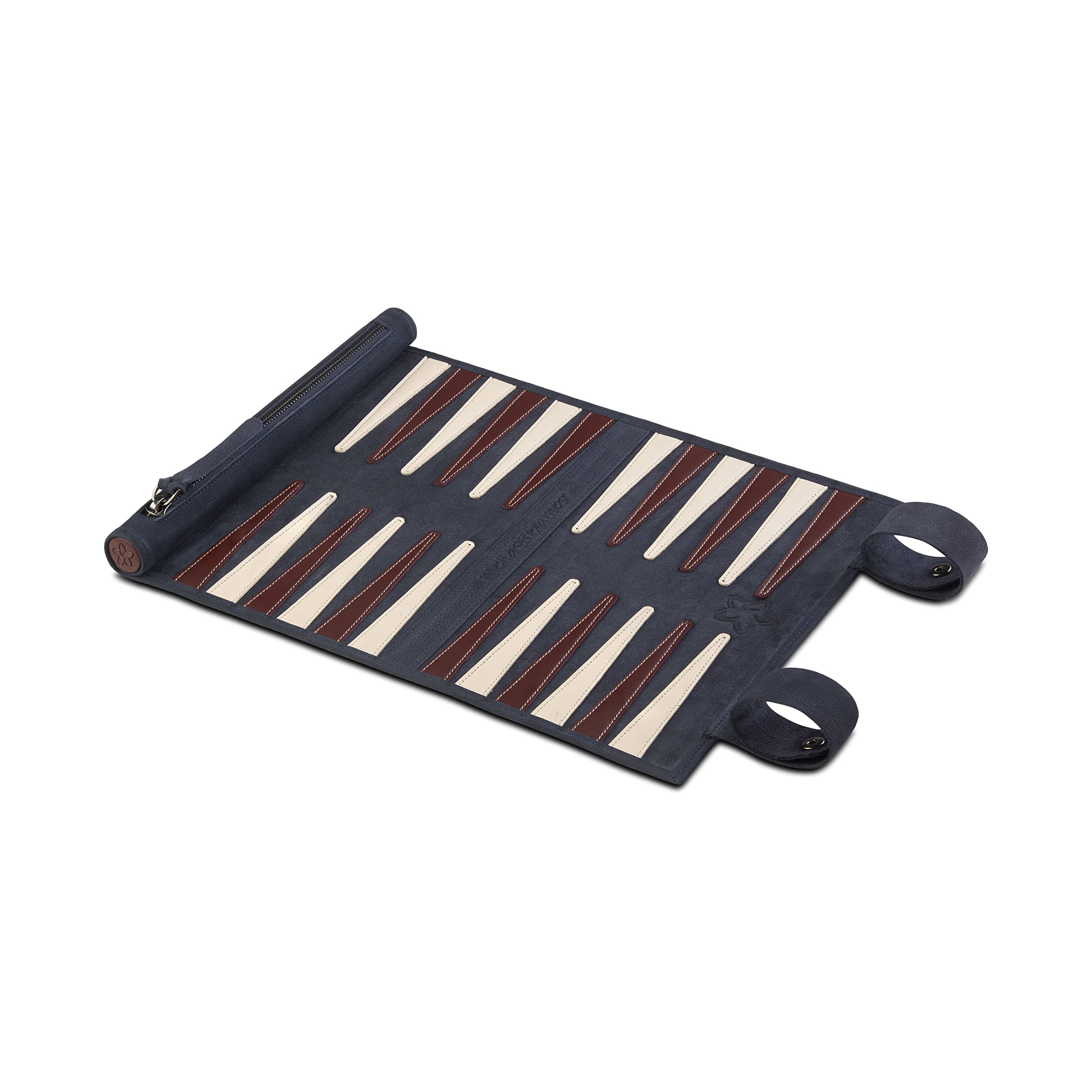 Backgammon do jazdy na kółkach, z najlepszej skóry nubukowej, z ręcznie wykonanymi drewnianymi klockami (Les Bleus)