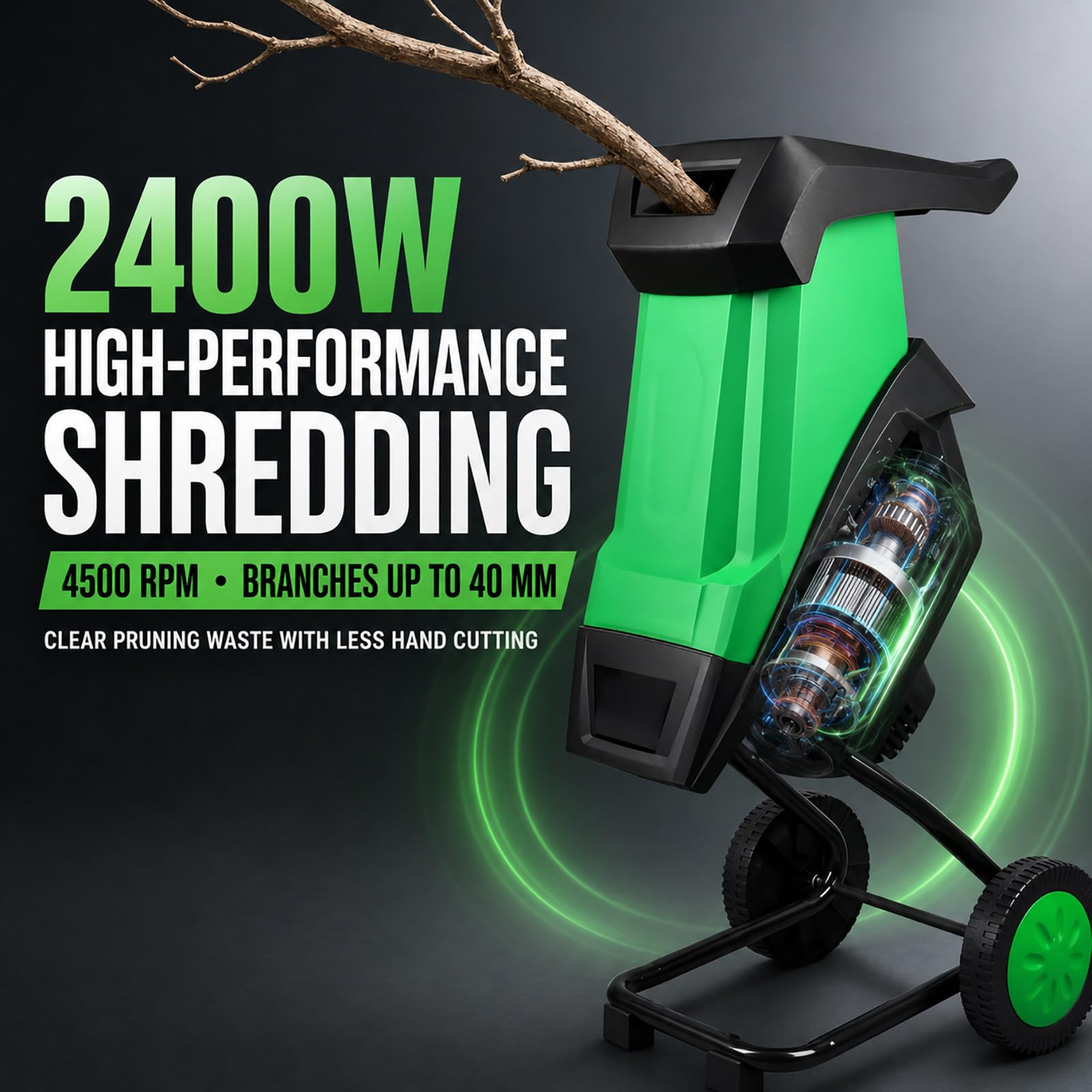 Biotrituratore Elettrico 2400W | Cippatore, Trita Legno, Trituratore Rami,Trinciatrice da Giardino, Tritatutto, per Potature, 1x Contenitori Raccolta 50L