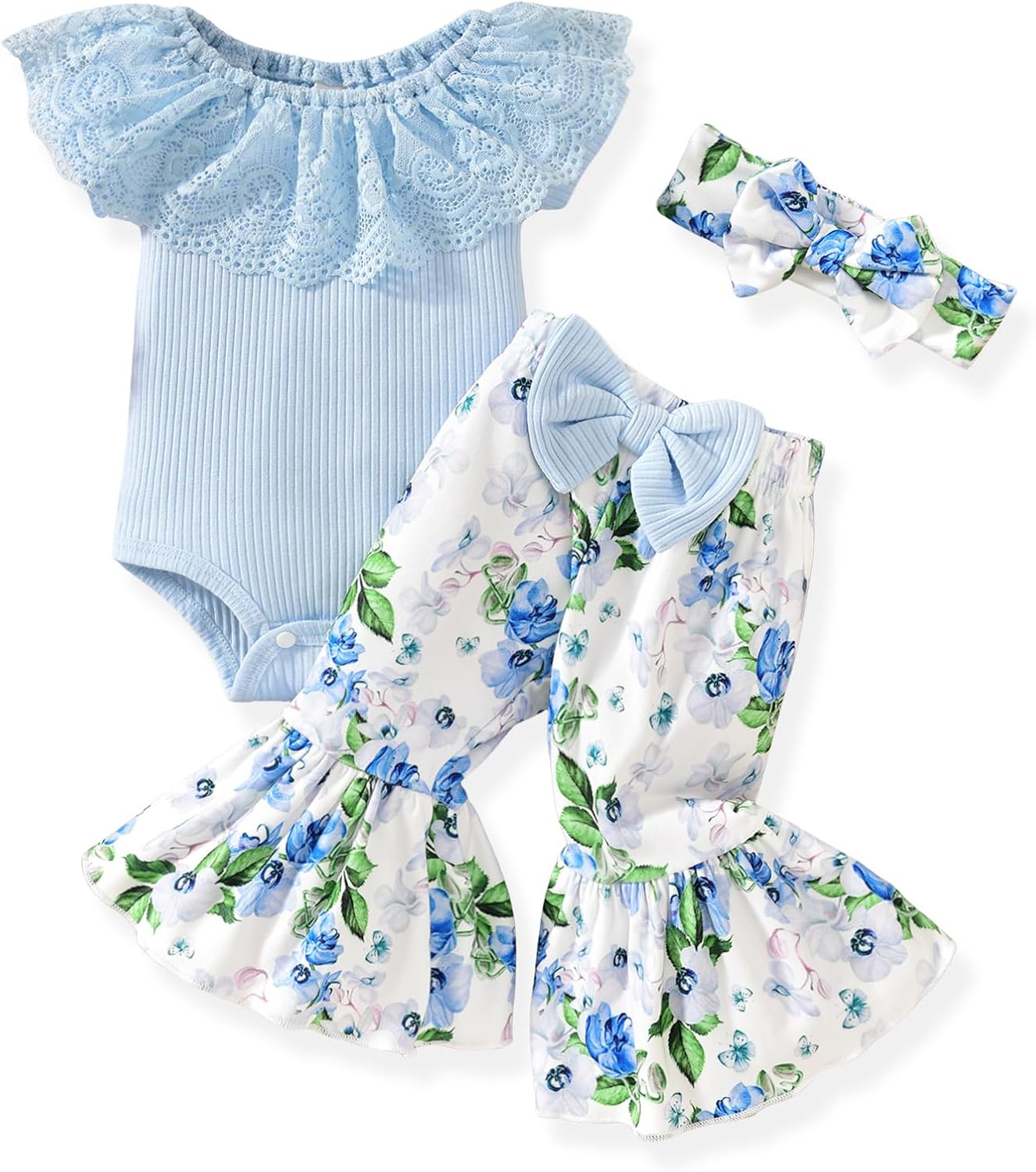 HINTINA Newborn Baby Girl Short Sleeve Bodysuit Flared Pants Ribbed Outfits