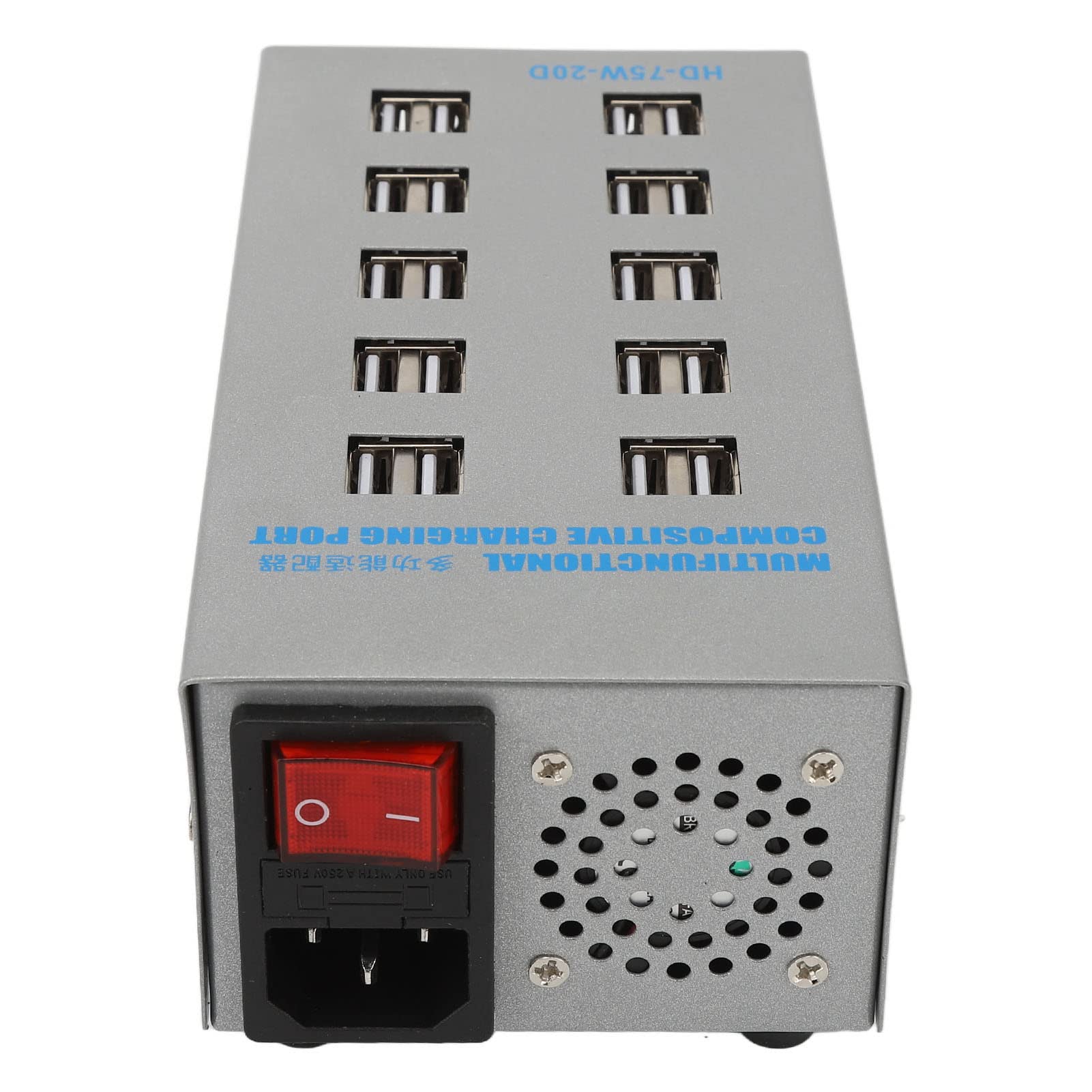 HD 75 20D koncentrator USB z zasilaniem, 20-portowy rozdzielacz USB, wielofunkcyjna stacja ładująca z cichym wentylatorem, uniwersalna konstrukcja wejściowa do telefonów, tabletów, aparatów
