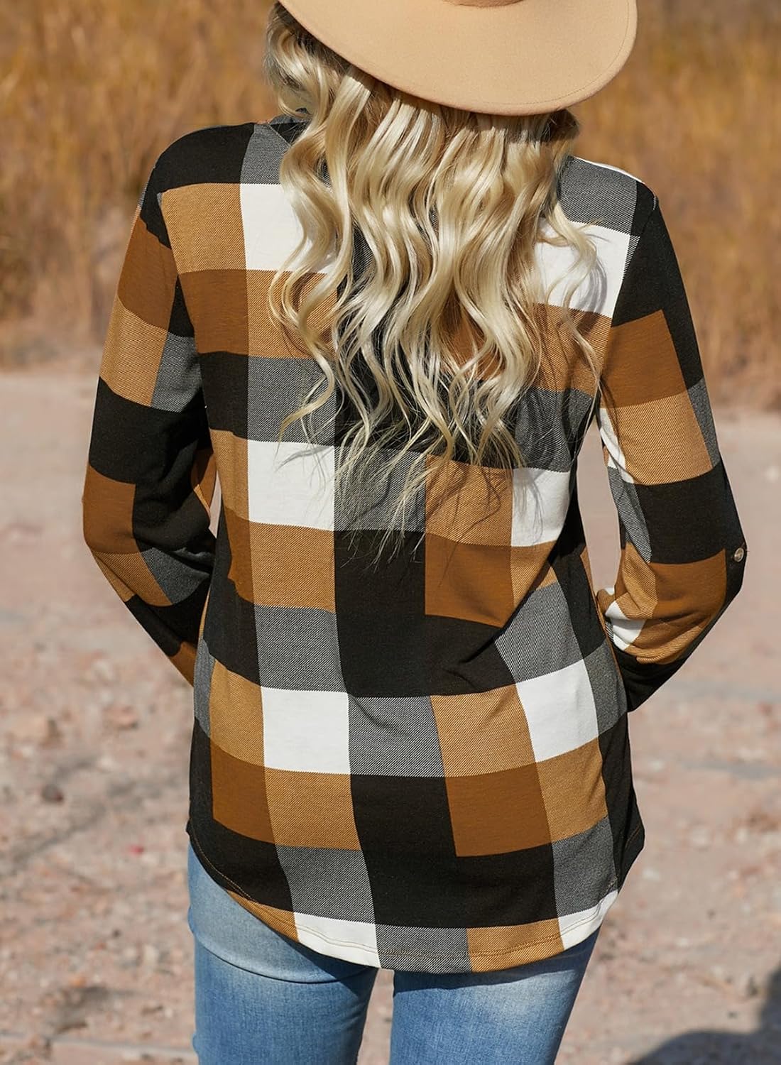  Womens Tops Plaid Cotton Cuffed 3/4 Sleeve Shirts Blouses thumbnail