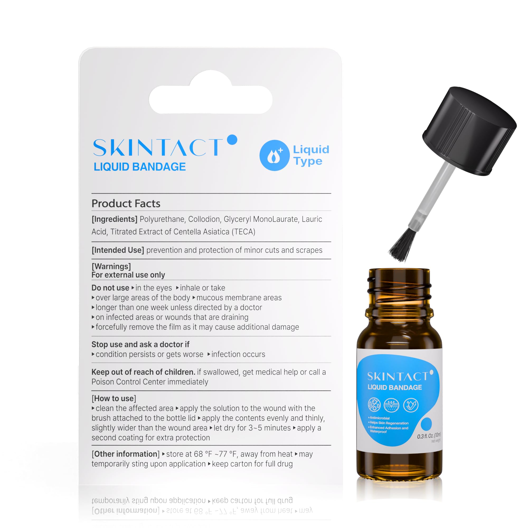 SkinTact - Vendaje líquido con extracto de centella asiática y monolaurato de glicerilo, impermeable de larga duración, cobertura transparente para cortes y rasguños menores, kit de primeros auxilios