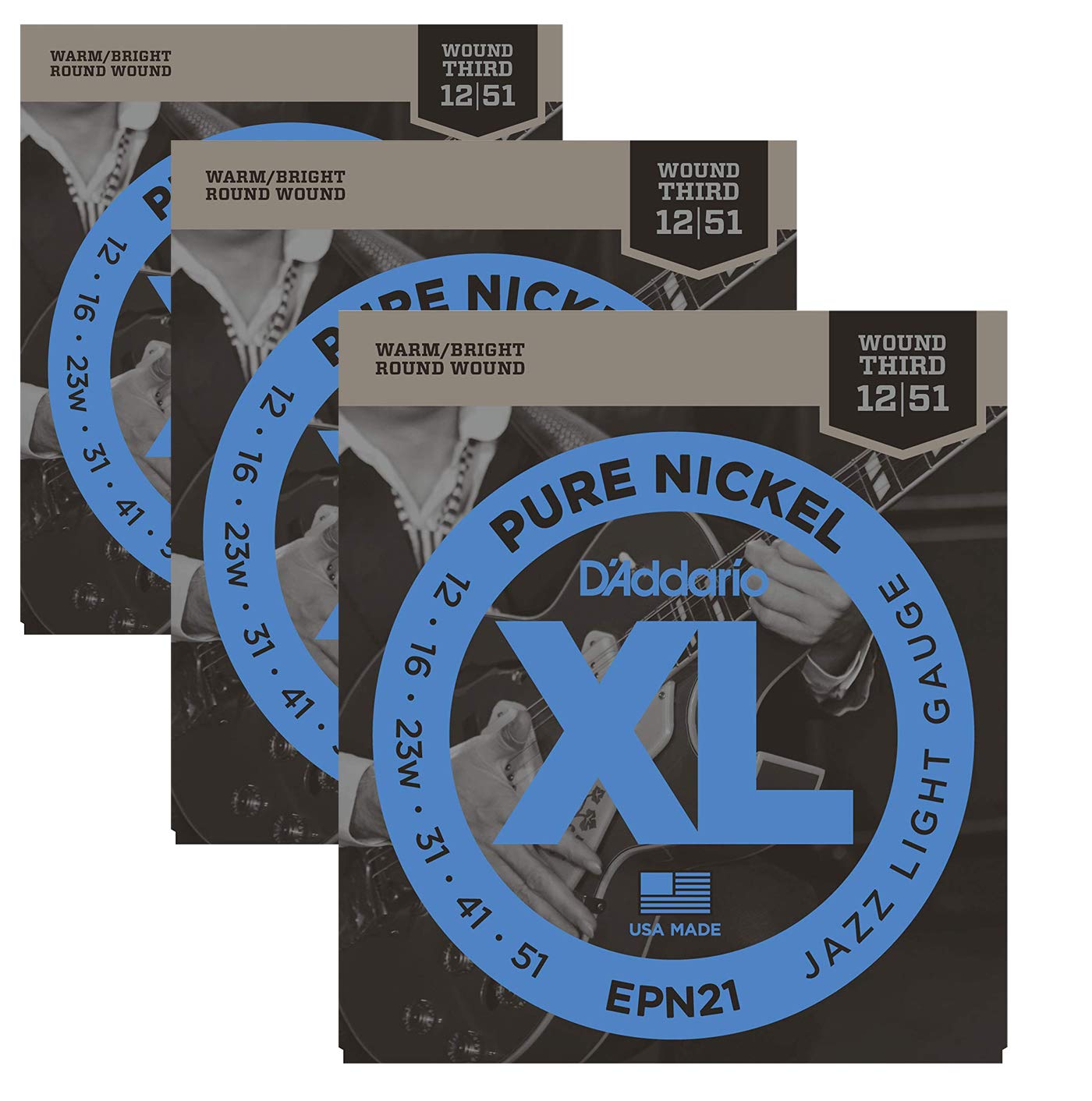 3 Sets de D 'Addario EPN21 Pure Jazz de níquel cuerdas para guitarra eléctrica