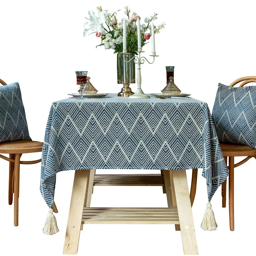 HGJH Tischdecke Outdoor,Boho Streifen Tischdecke Blau Handgemachte Tischdecken Pastorale Tischdecke Natürlicher Baumwollstoff Ostern Tischdecke Home Hochzeit Party Essen Bankett Dekoration,135X300Cm