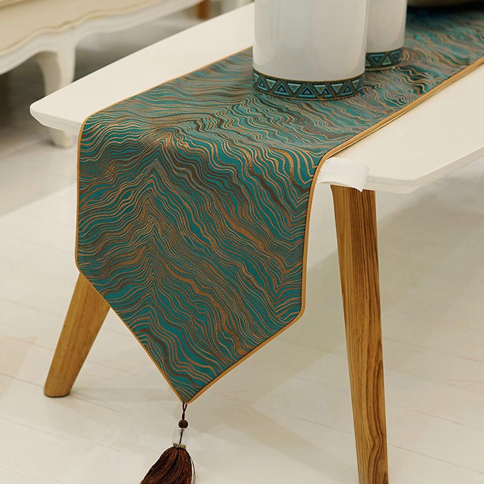 Gualiy Camino de mesa de 200 cm de largo, patrón de ondas, verde oscuro
