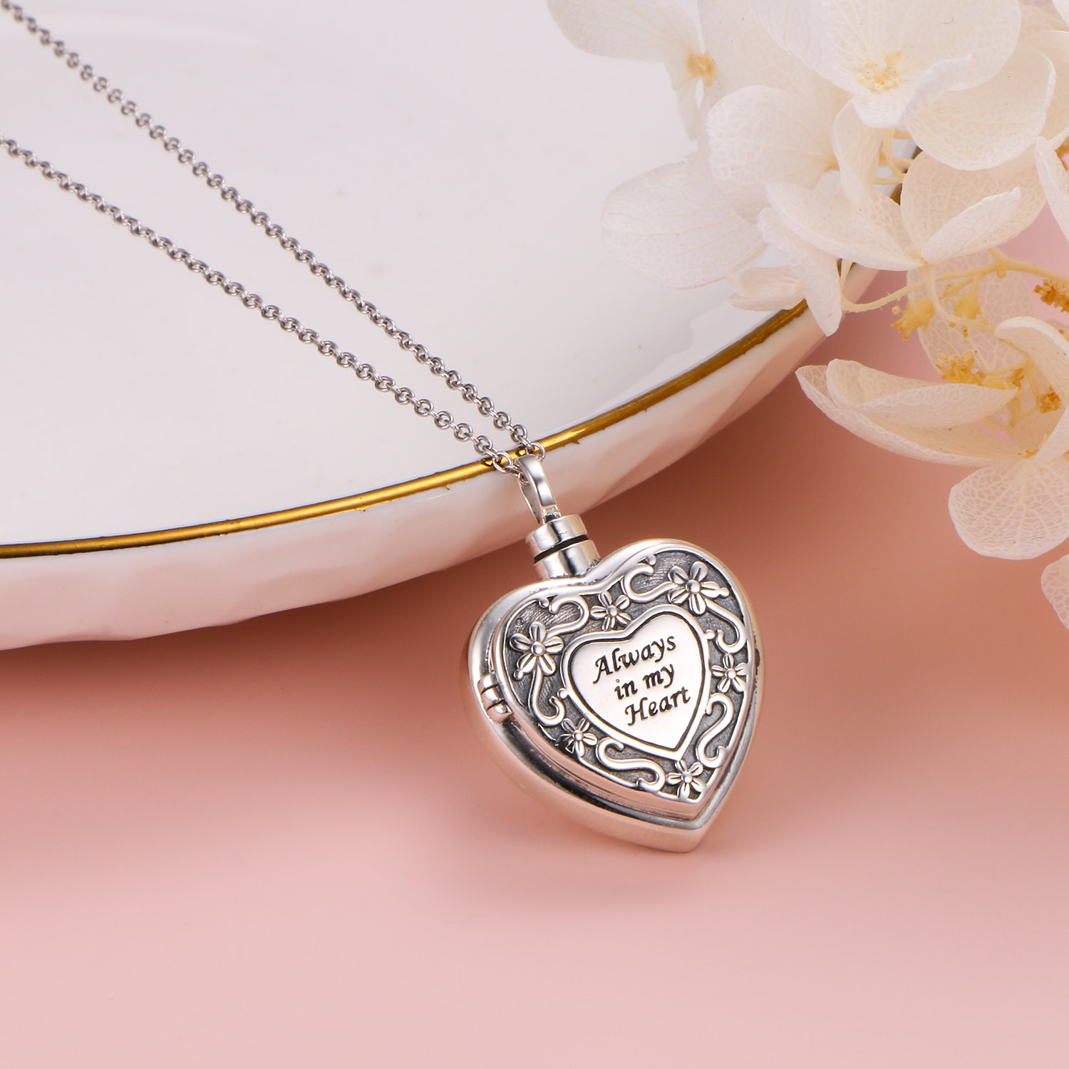 AOBOCO Flower Heart Urn Necklace For Ashes Sterling Silver