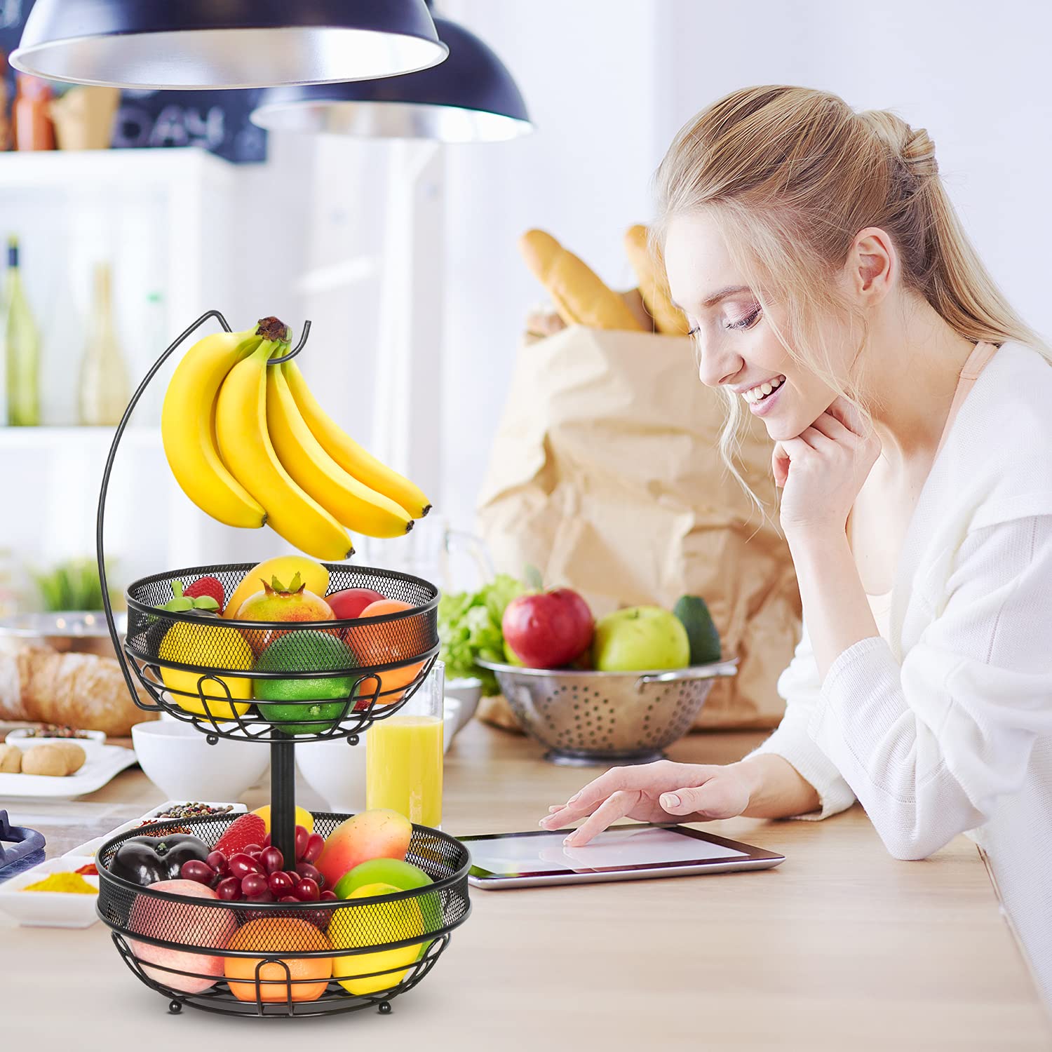 Cesto Portafrutta A 2 Ripiani Con Gancio Per Banane – Mutool – Nero, Metallico - 3
