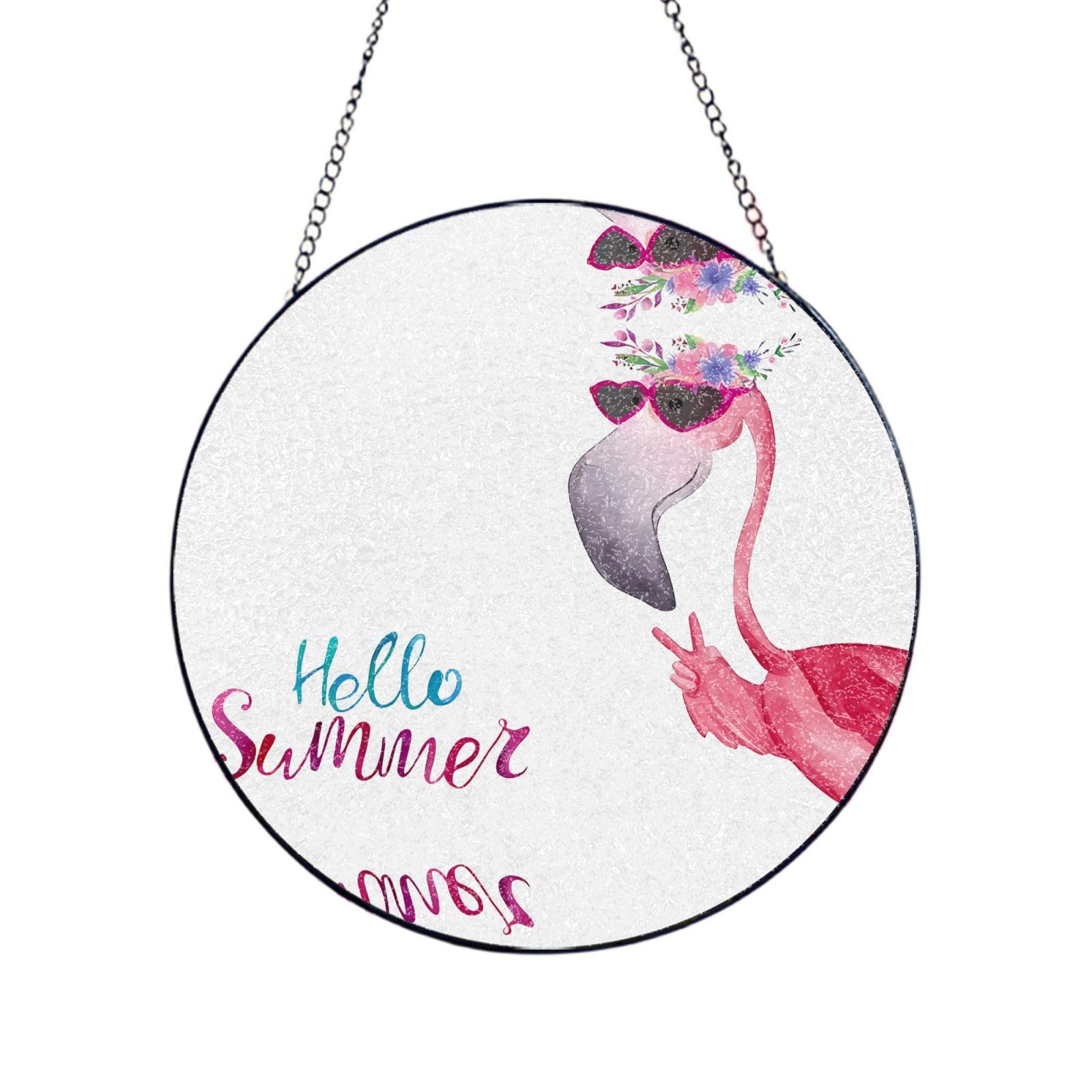 Phayah Flamingo Print Glass Window Hanging Round Suncatcher Glass Ornament Garden Wall Fence Decorations Indoor Outdoor 8in（20cm）