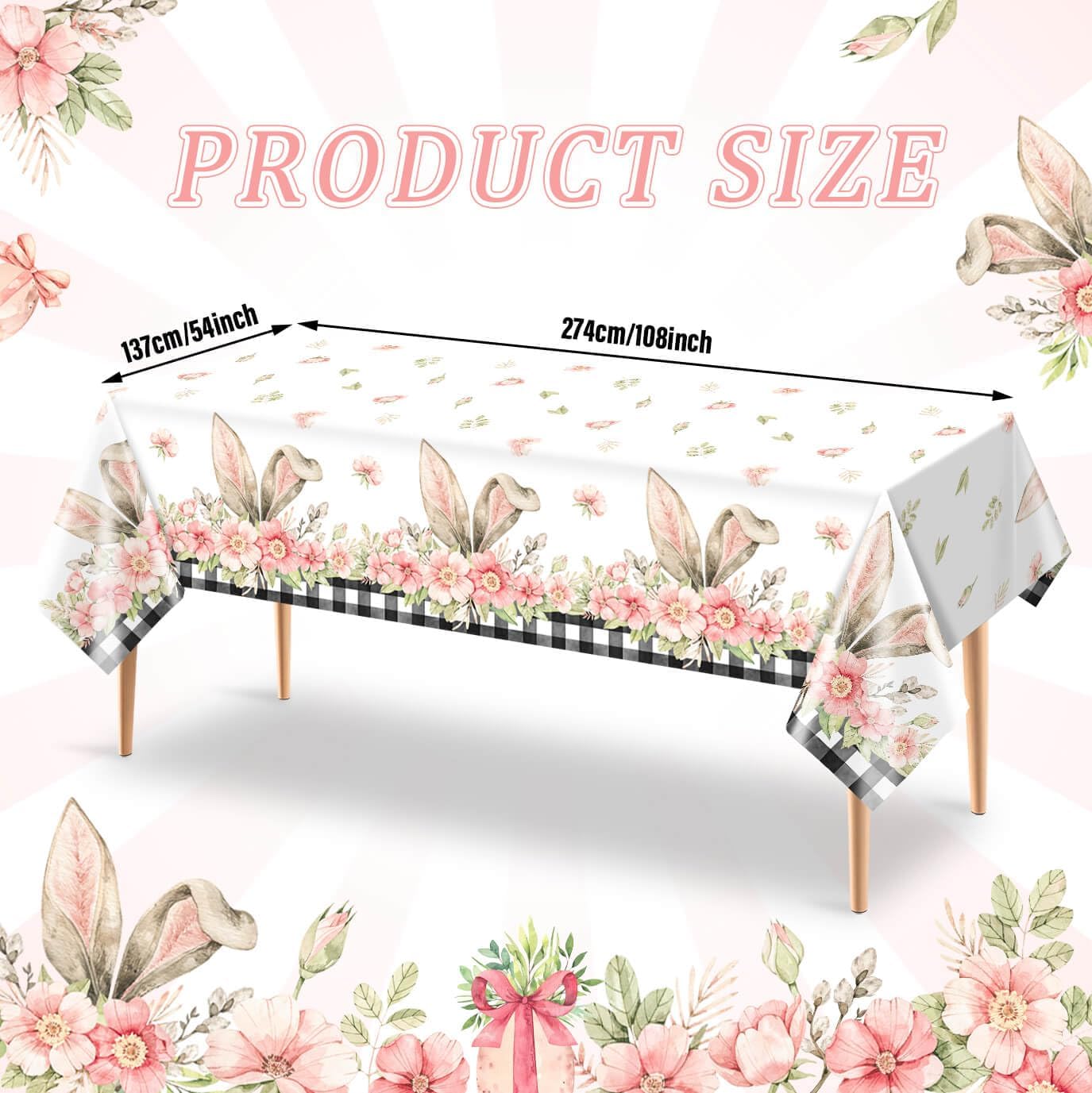 3PCS Spring Bunny Buffalo Plaid Tablecloth Disposable Waterproof Rectangular Bunny Ear Foot Flower Easter Plastic Table Cloth for Happy Easter Party Decorations Supplies 54x108 inch