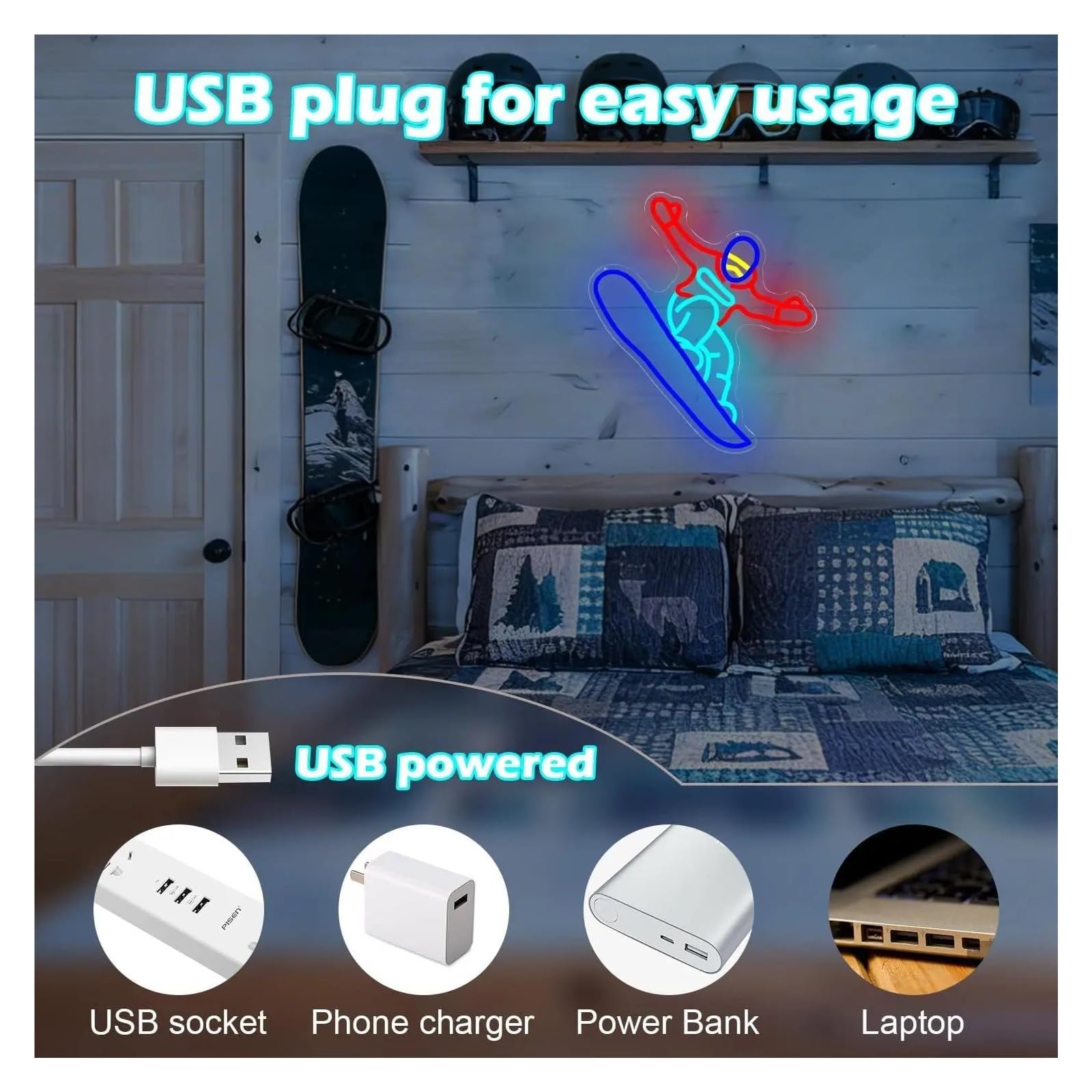 Insegna al Neon Insegna Al Neon Per Sci Dimmerabile | Luce LED Alimentata Tramite USB Per Club Sportivi, Sala Giochi, Camera Da Letto, Decorazioni 38cmx32cm
