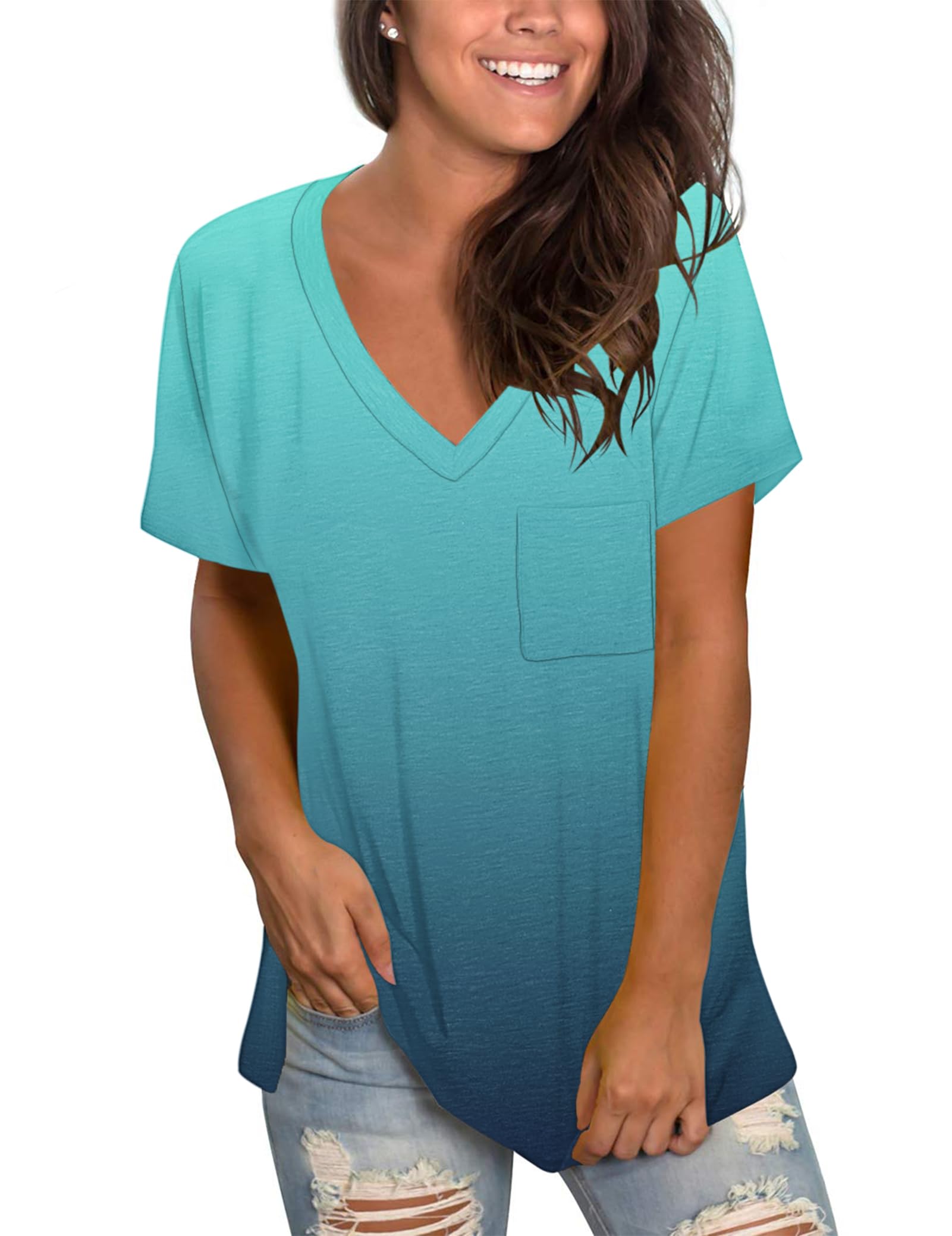 Molerani Women's Gradient Blue2 T Shirts Short Sleeve V Neck Loose Summer Tees Basic Tops With Pocket 2XL