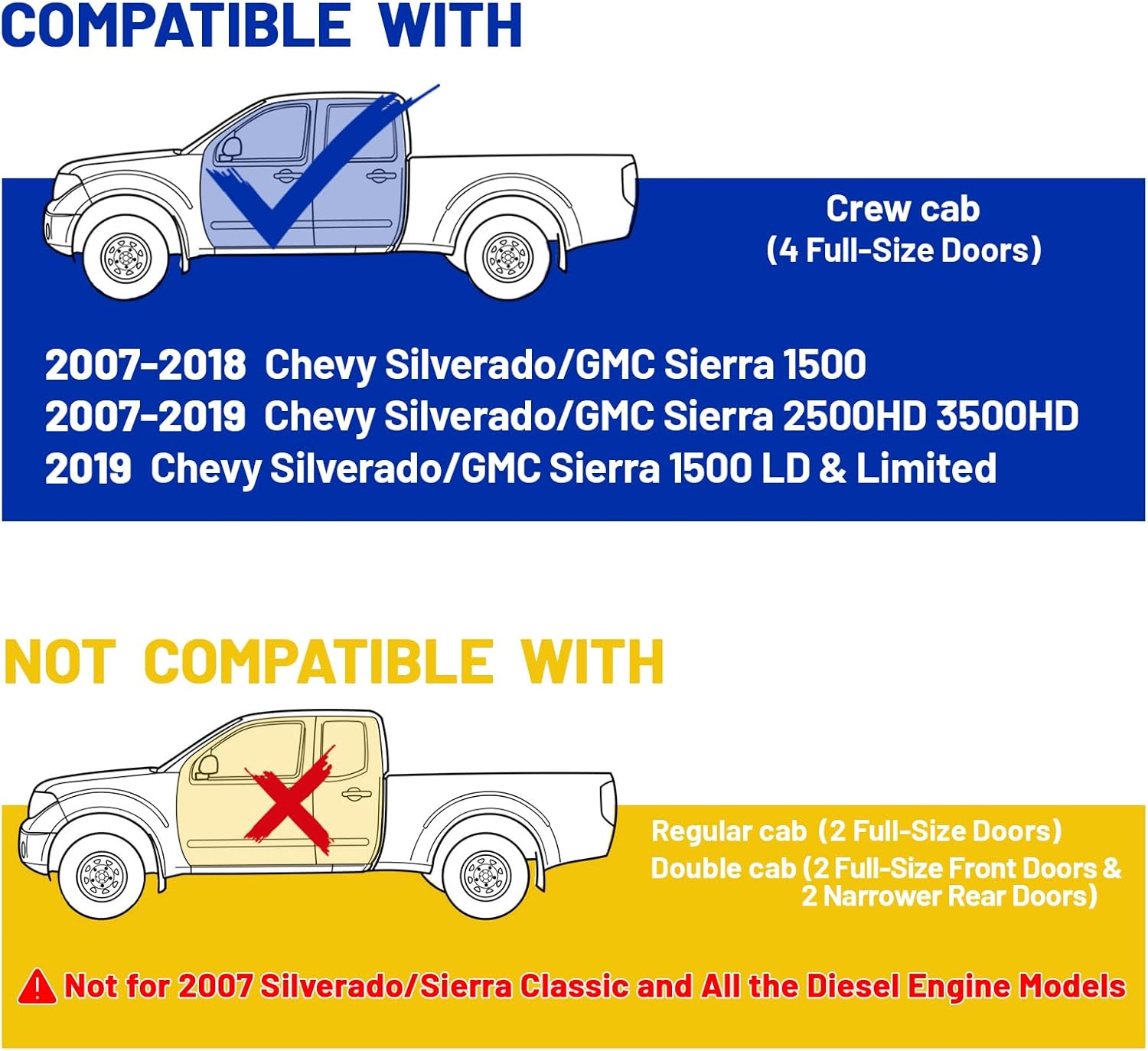 6.5" Running Boards for 2007-2018 Chevy Silverado/GMC Sierra 1500, 2007-2019 2500HD 3500HD Crew Cab (4 Full-Size Doors) - Side Steps Bars for Truck