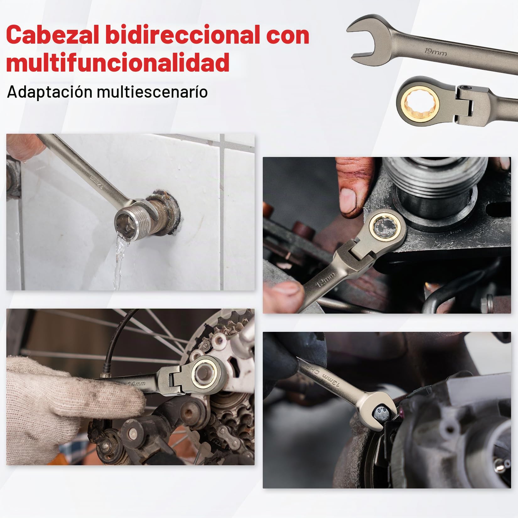 Shall Conjunto de llave de Ratcheting de cabeza flexible de 9 piezas, 72 dientes métricos 8-19mm, Cr-V construido, Chapado Níquel con bolsa de organización