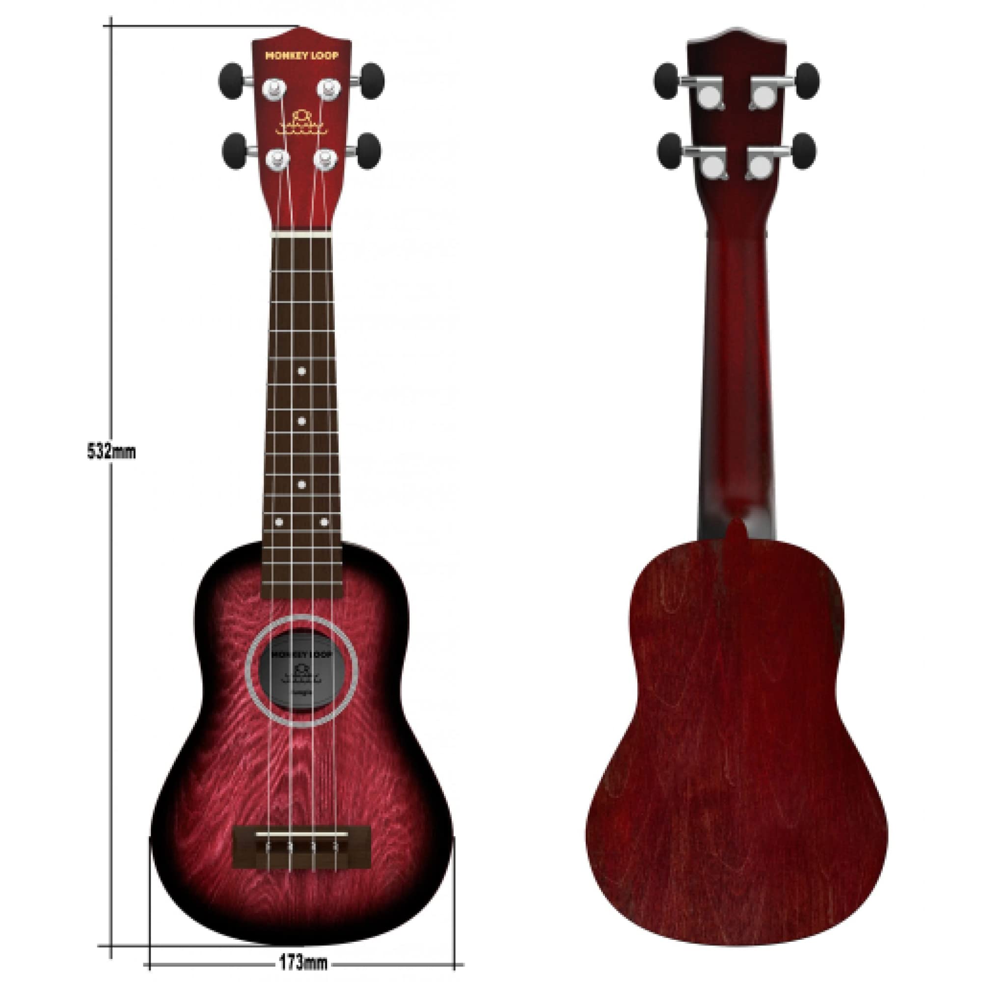 MONKEY LOOP Jungle Pack Rouge – Ukulélé Soprano – Cordes Aquila – Comprend Un étui pour ukulélé, Un accordeur, Un plectre et Un Chiffon de Nettoyage – Tilleul – Couleur Rouge