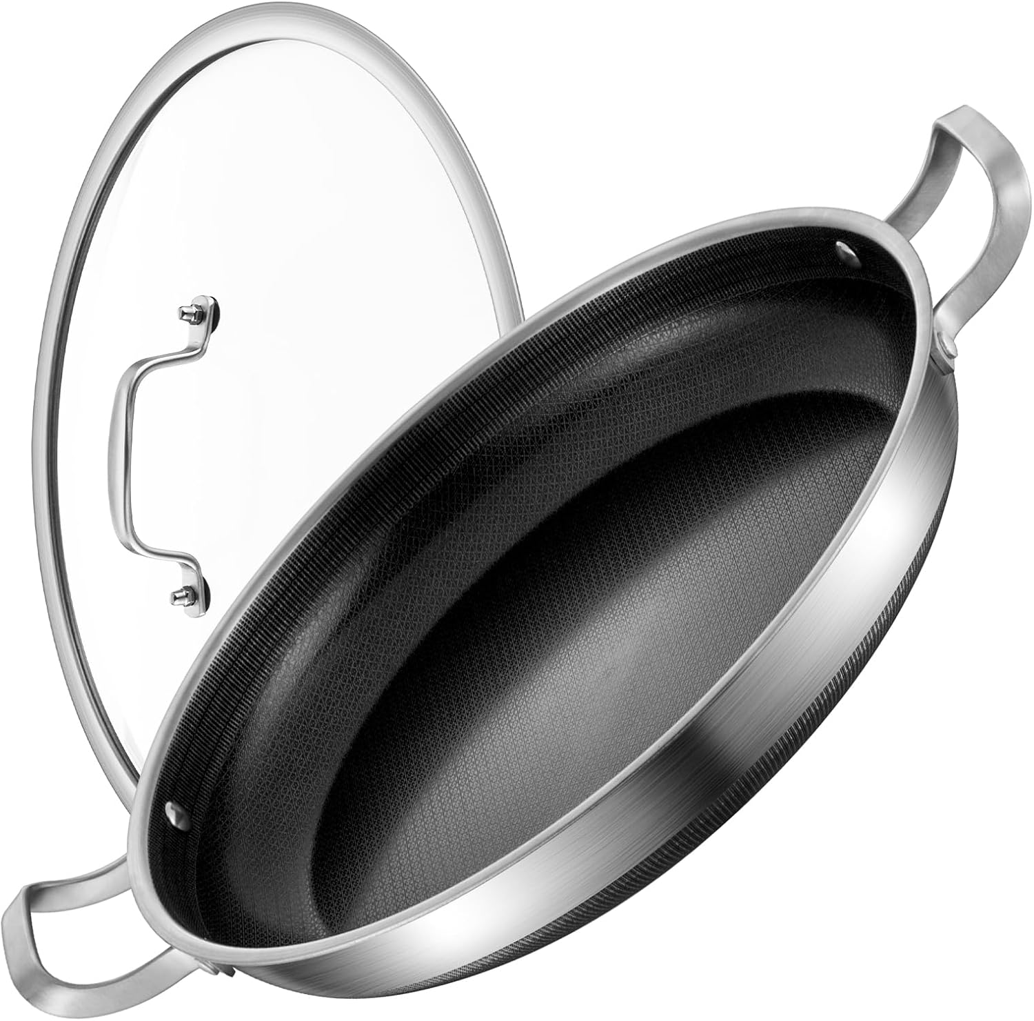 14 Inch Paella Pan with Lid, Ceramic Nonstick & Stainless Steel Induction Ready, 12-Serving Large Skillet, Oven Safe 550°F for Paella, Searing, Frying (Family Gathering & Outdoor Cooking) Stainless Steel 14INCH-two-sided