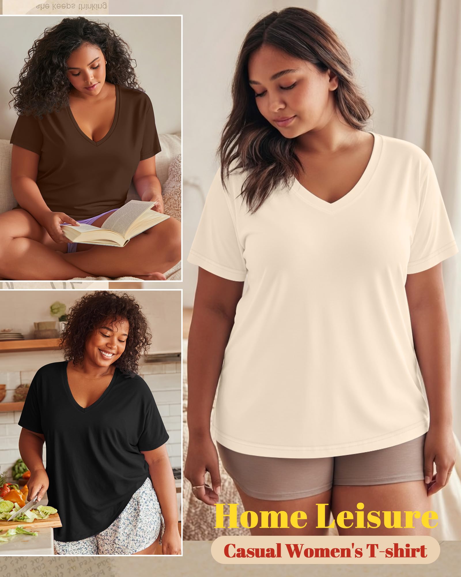 Neer Paquete de 3 camisetas de manga corta con cuello en V para mujer, dobladillo plano, básicas, holgadas, informales, para mujer