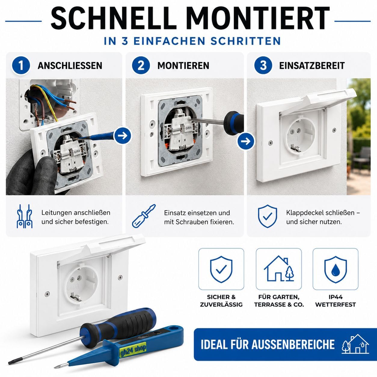 Gira TX44 Außensteckdose weiss 1-fach mit Rahmen, Dichtungsflansch & Montageset, IP44 Unterputz Steckdose für Außenbereich, wetterfeste Schuko Steckdose für Garten Terrasse Garage