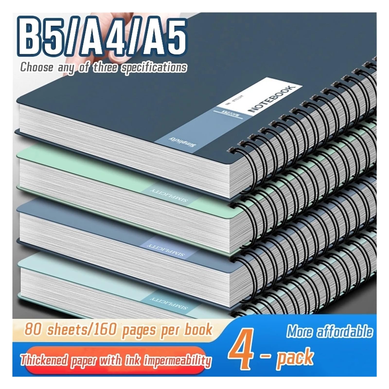 quaderni Quaderni a righe da 80 fogli for argomento singolo, set di diari in carta extra spessa(Deep Blue A4 4packs)